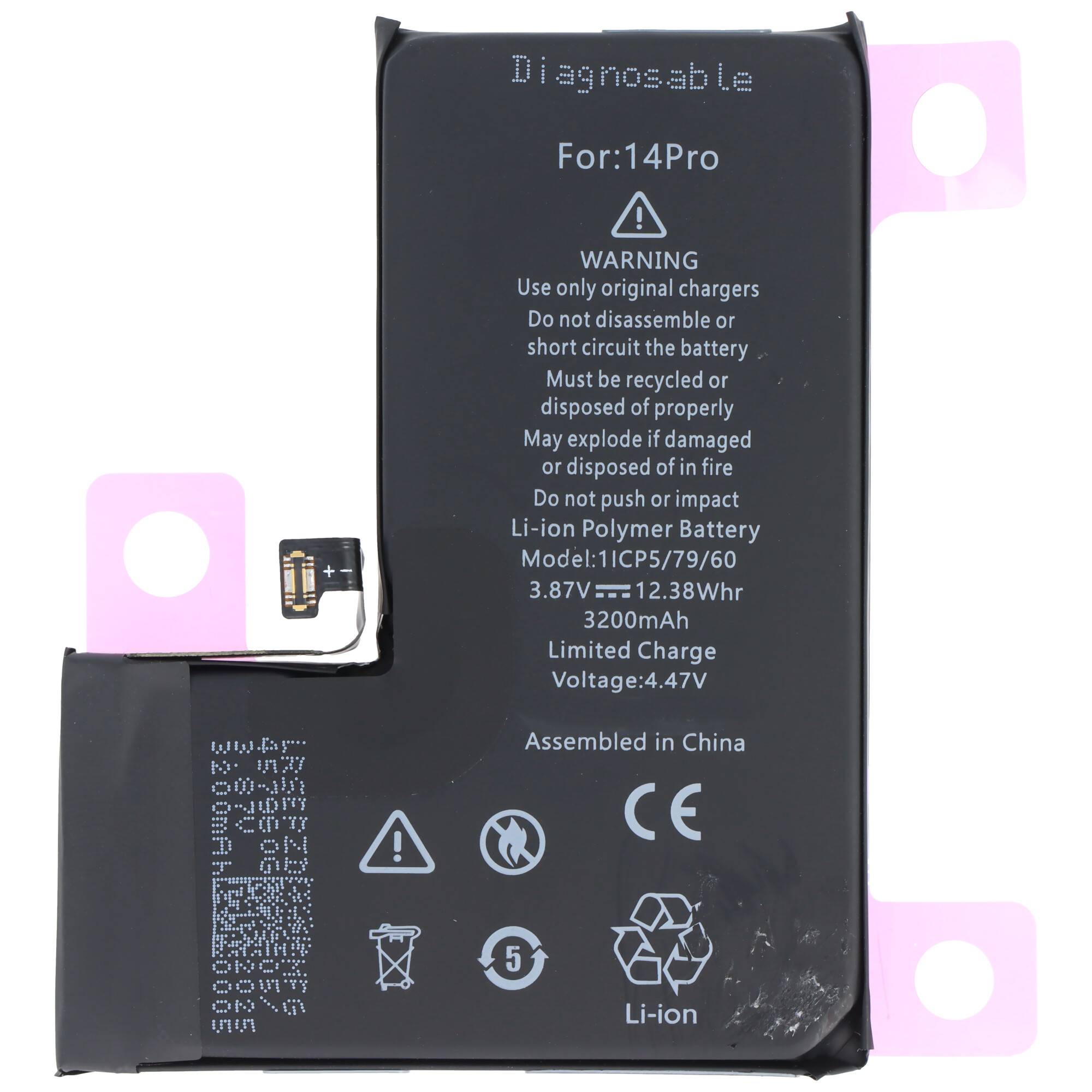 iPhone 14 Pro Akku mit Warnung: „Verwenden Sie nur Original-Ladegeräte. Nicht auseinandernehmen oder kurzschließen.