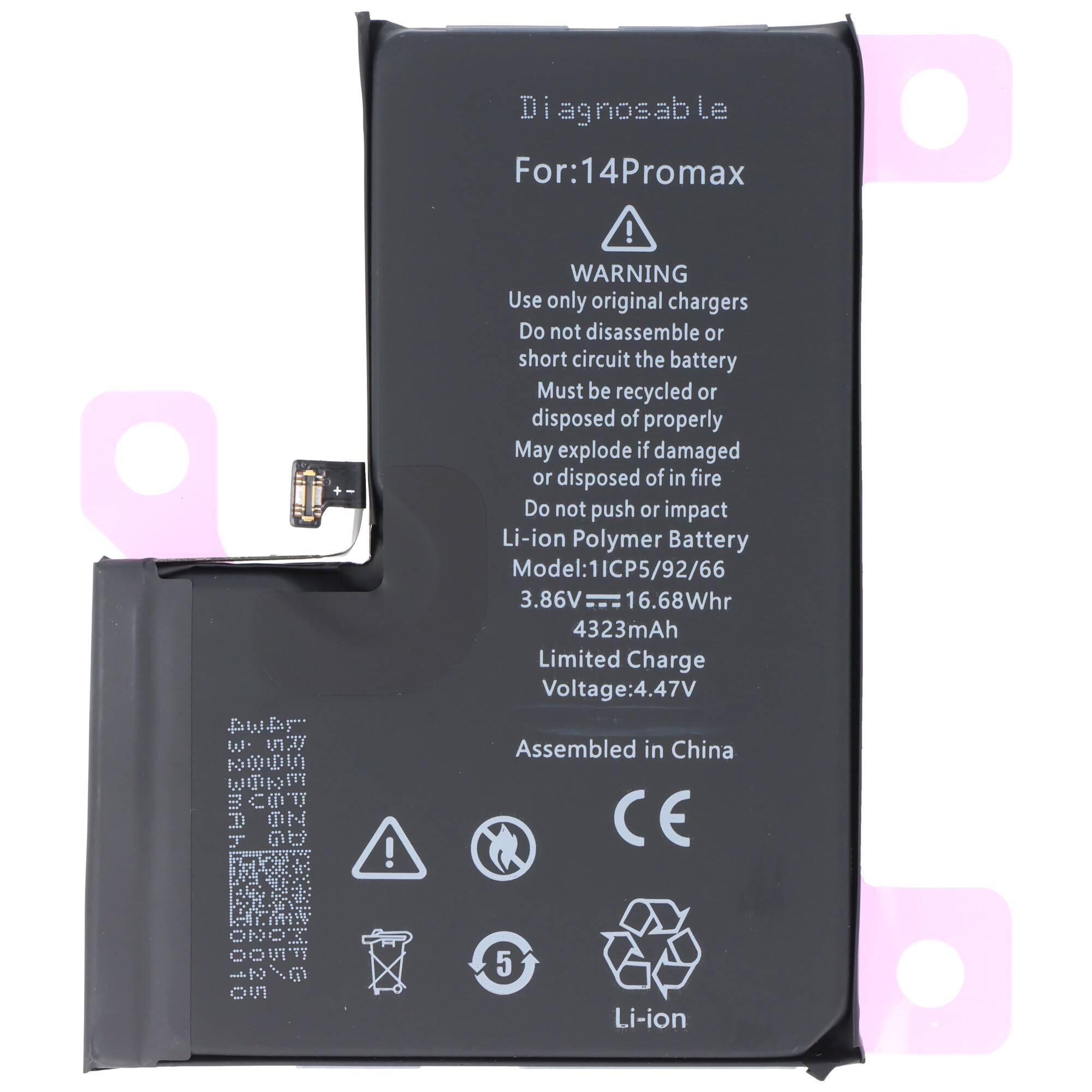 Akku passend für Apple iPhone 14 Pro Max, diagnostizierbar, Li-Polymer, 3,86V, 4323mAh, 16,68Wh, ohne Werkzeug