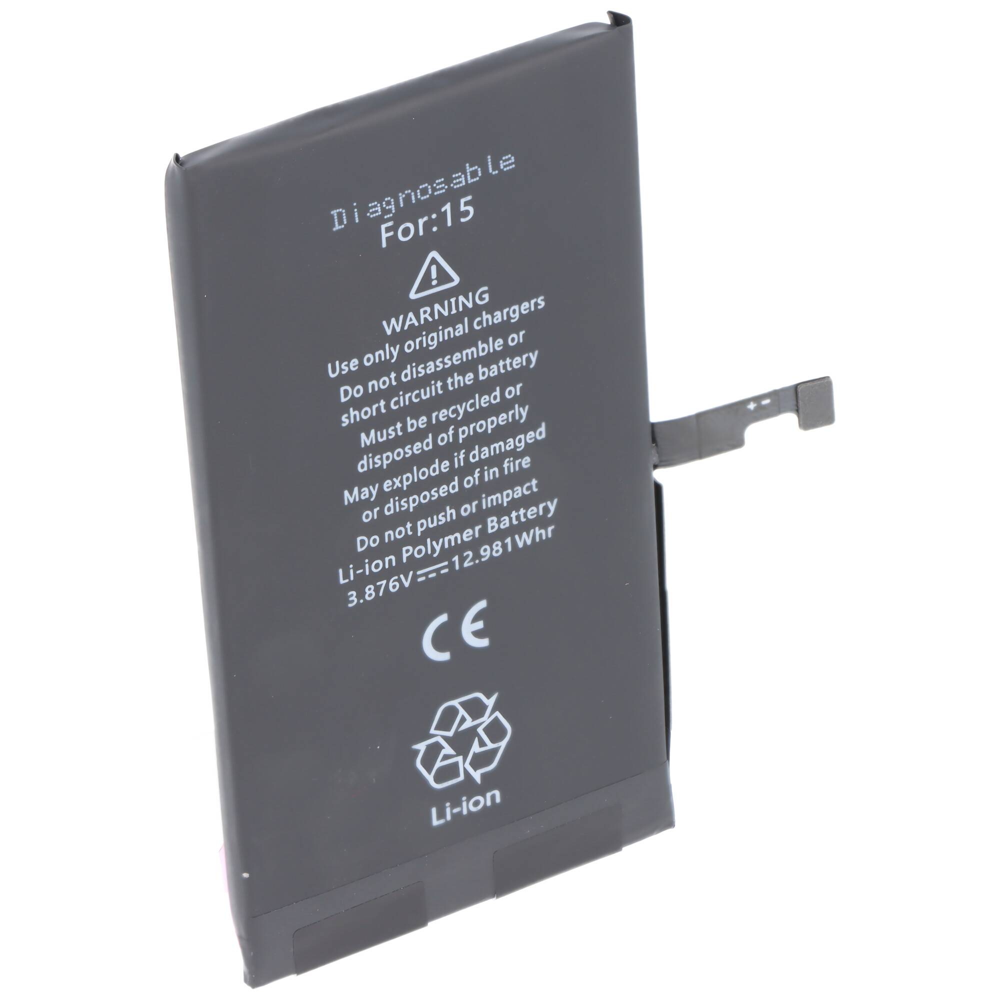 Akku passend für Apple iPhone 15, diagnostizierbar, Li-Polymer, 3,87V, 3349mAh, 12,98Wh, ohne Werkzeug