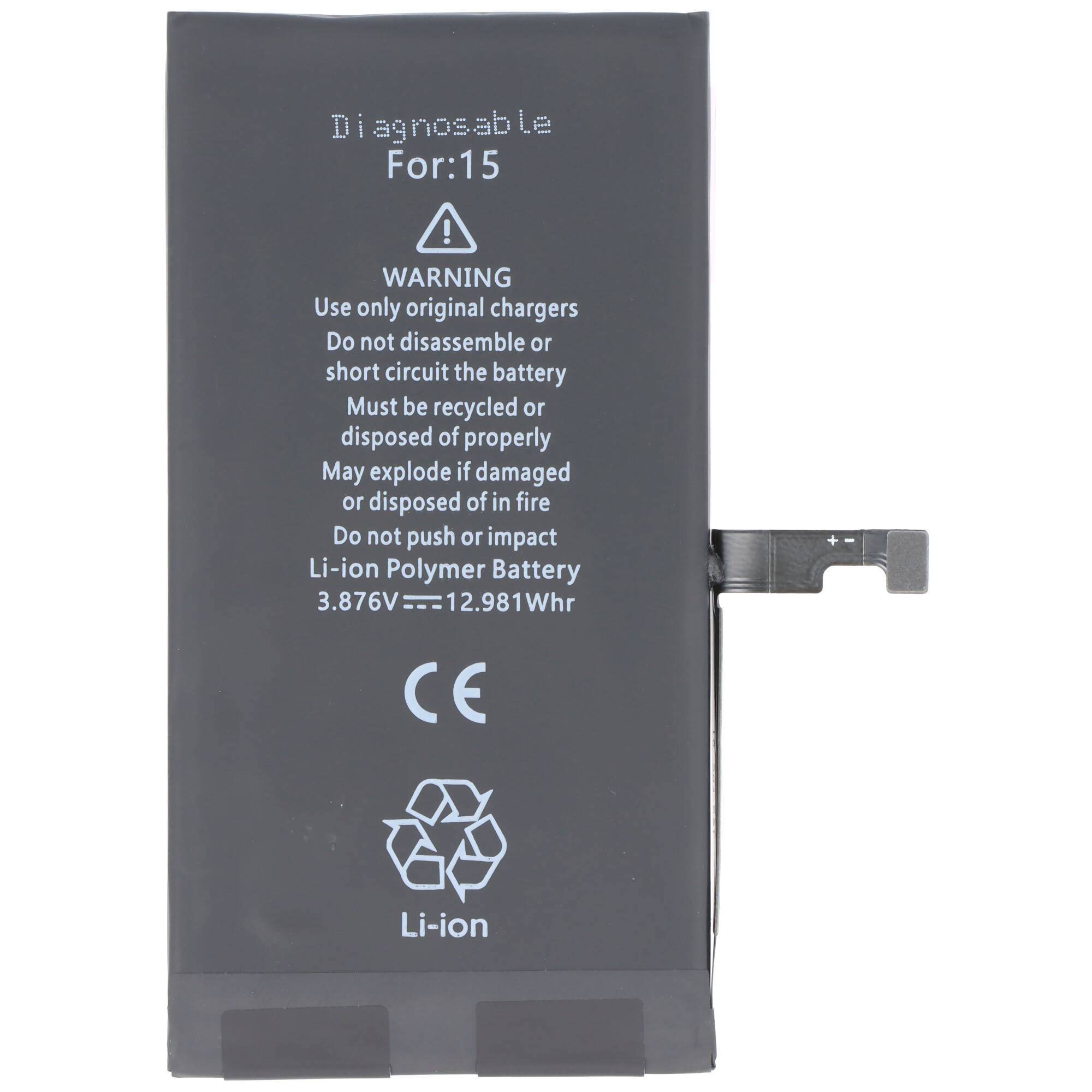 Akku passend für Apple iPhone 15, diagnostizierbar, Li-Polymer, 3,87V, 3349mAh, 12,98Wh, ohne Werkzeug