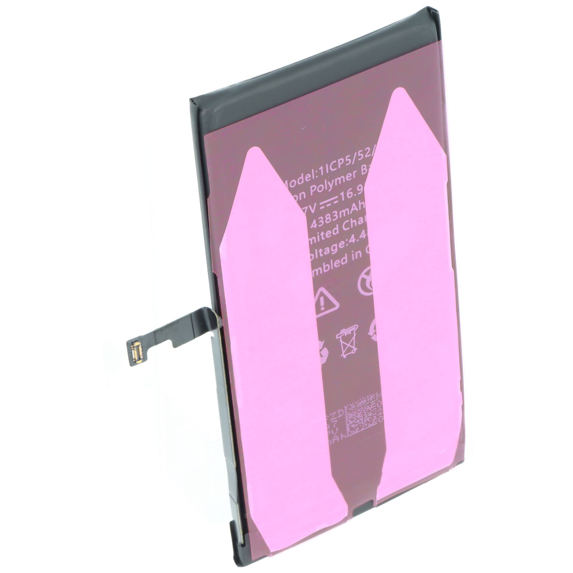 Lithium-Polymer-Akku mit schwarzem Gehäuse und rosa Klebestreifen, ausgestattet mit einem angeschlossenen Flachbandkabel-Anschluss, geeignet für elektronische Geräte.
