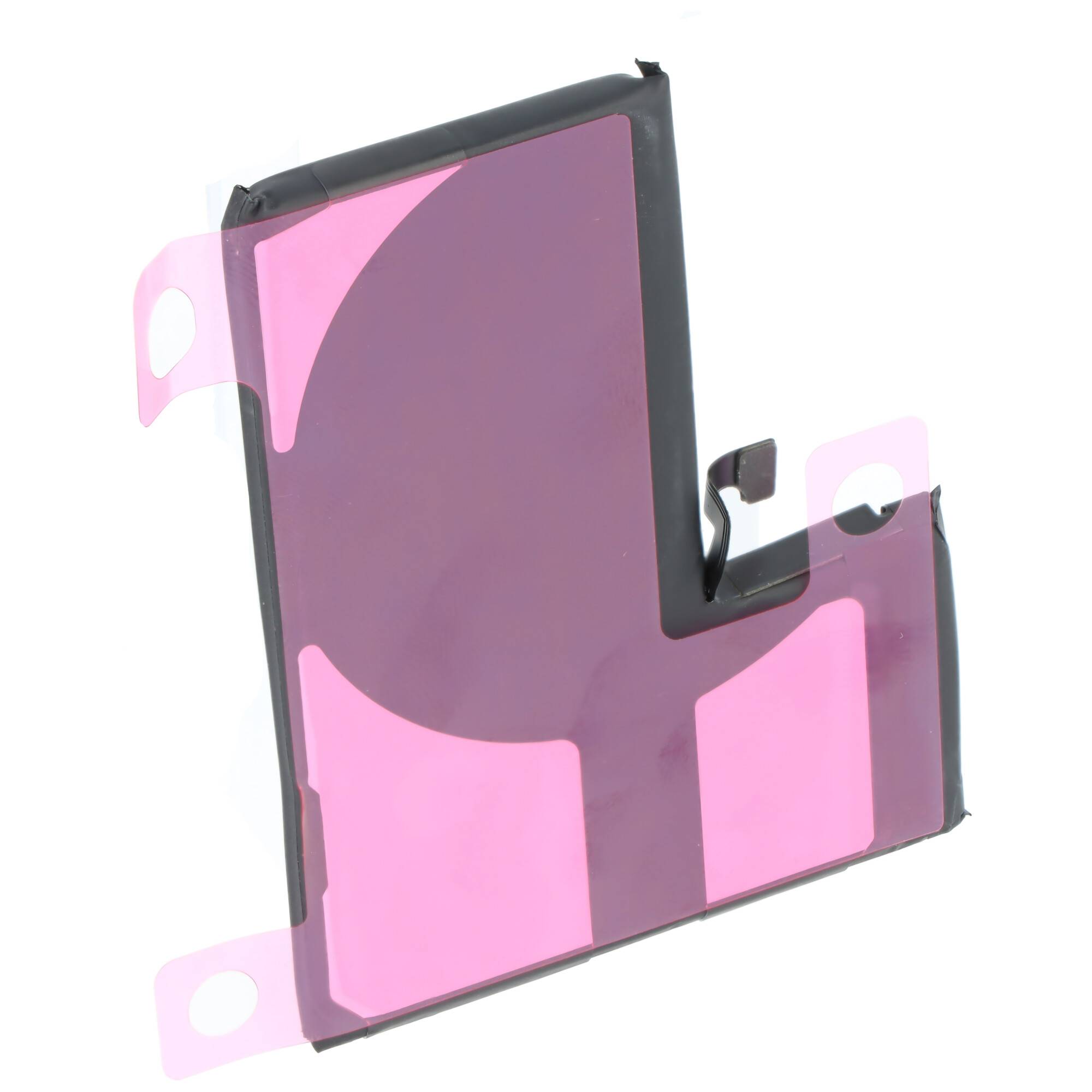 Ein rechteckiger, selbstklebender Batterie-Ausziehlappen mit rosa Abschnitten und schwarzen Kanten, entwickelt für die einfache Batteriebefestigung in elektronischen Geräten.
