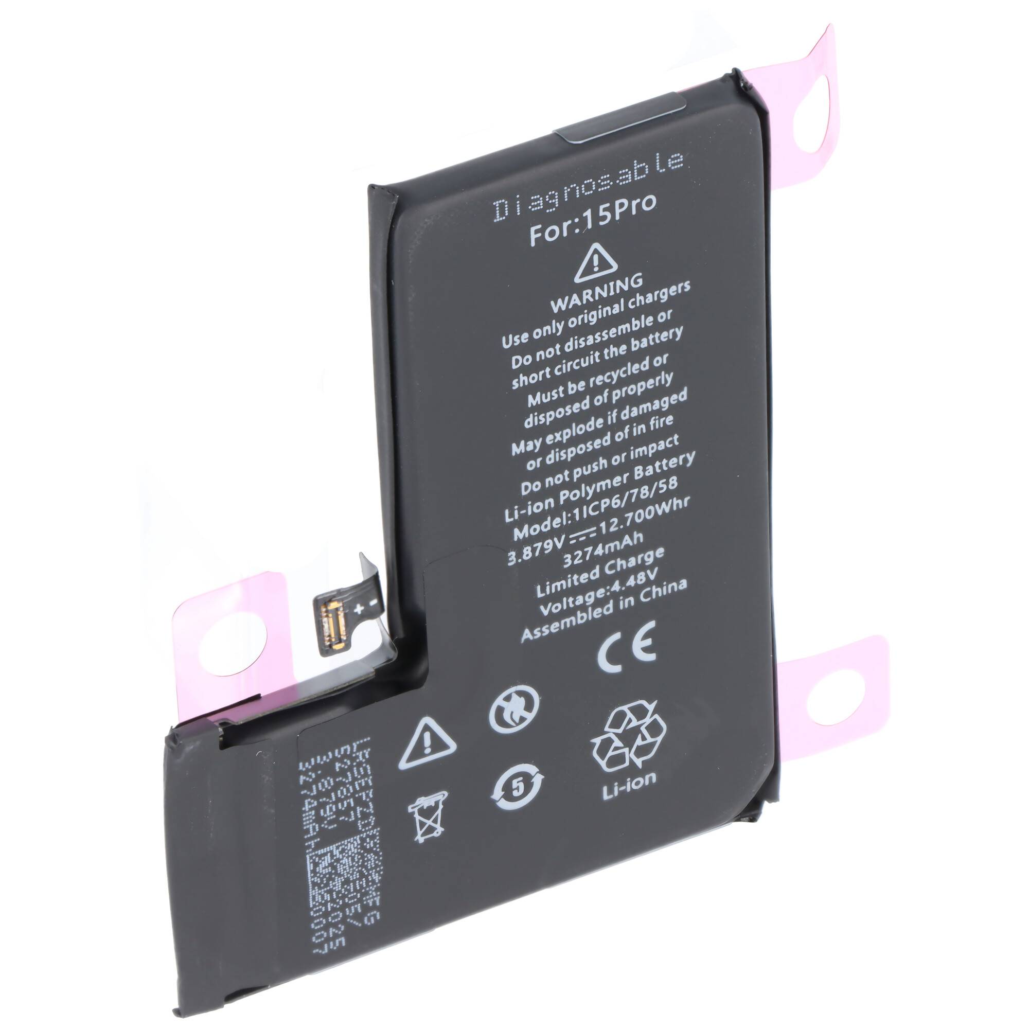 Lithium-Ionen-Akku mit Bezeichnung „Diagnosefähig für: 15Pro