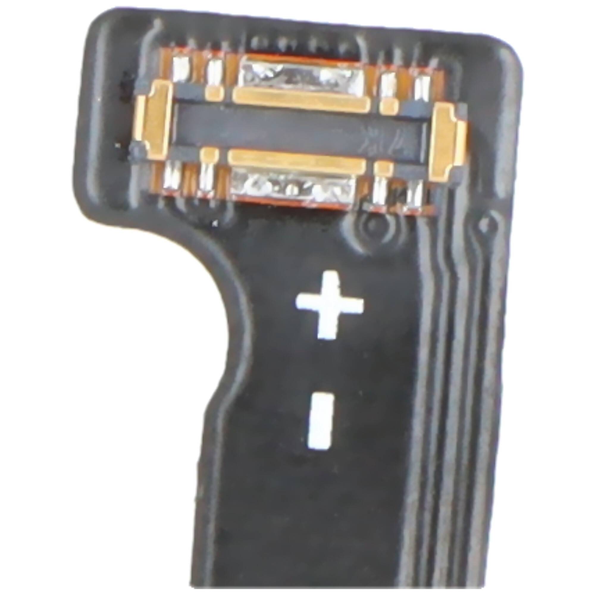 Eine Nahaufnahme einer elektronischen Komponente mit Plus- und Minuszeichen, die positive und negative Anschlüsse anzeigen.