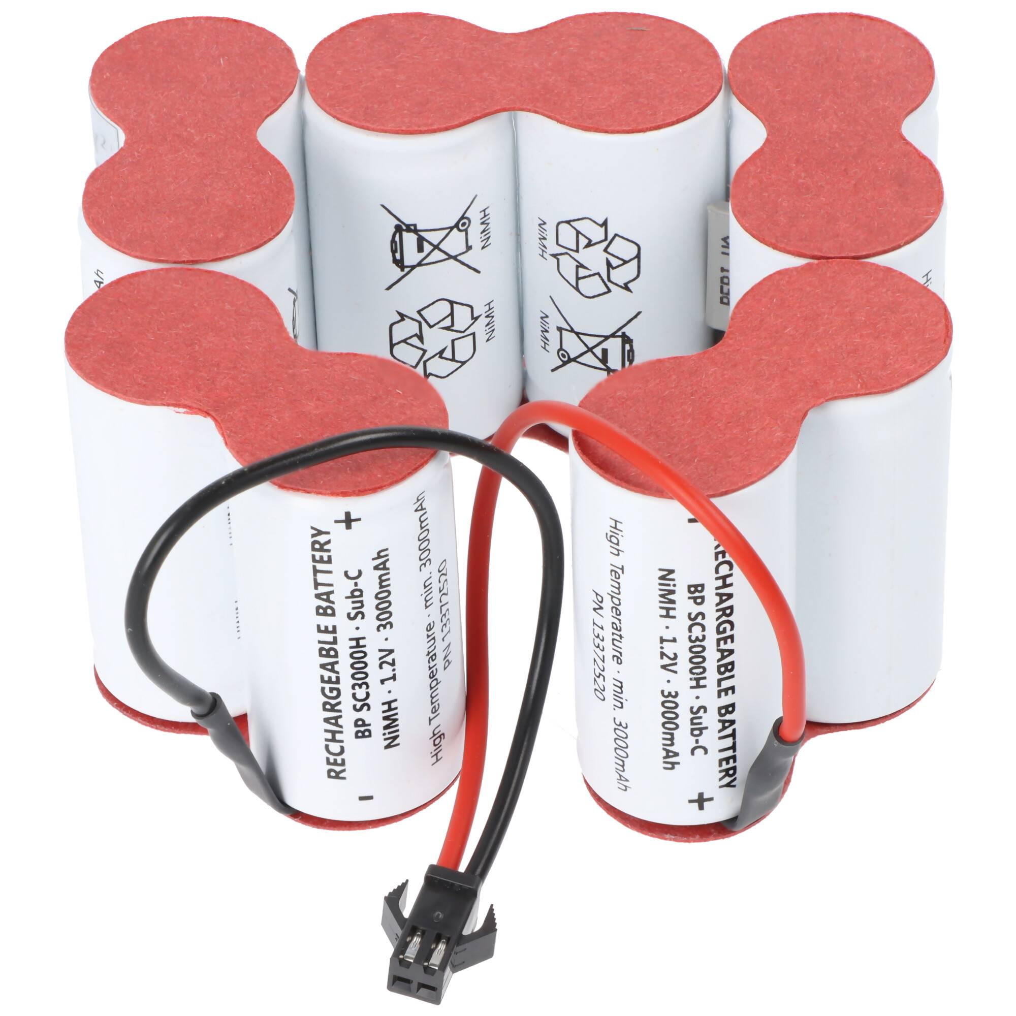Wiederaufladbar Batteriepack mit sechs zylindrischen Zellen, roten Oberseiten, Verbindungskabeln und gedruckten Spannungsangaben „11,1V 3000mAh
