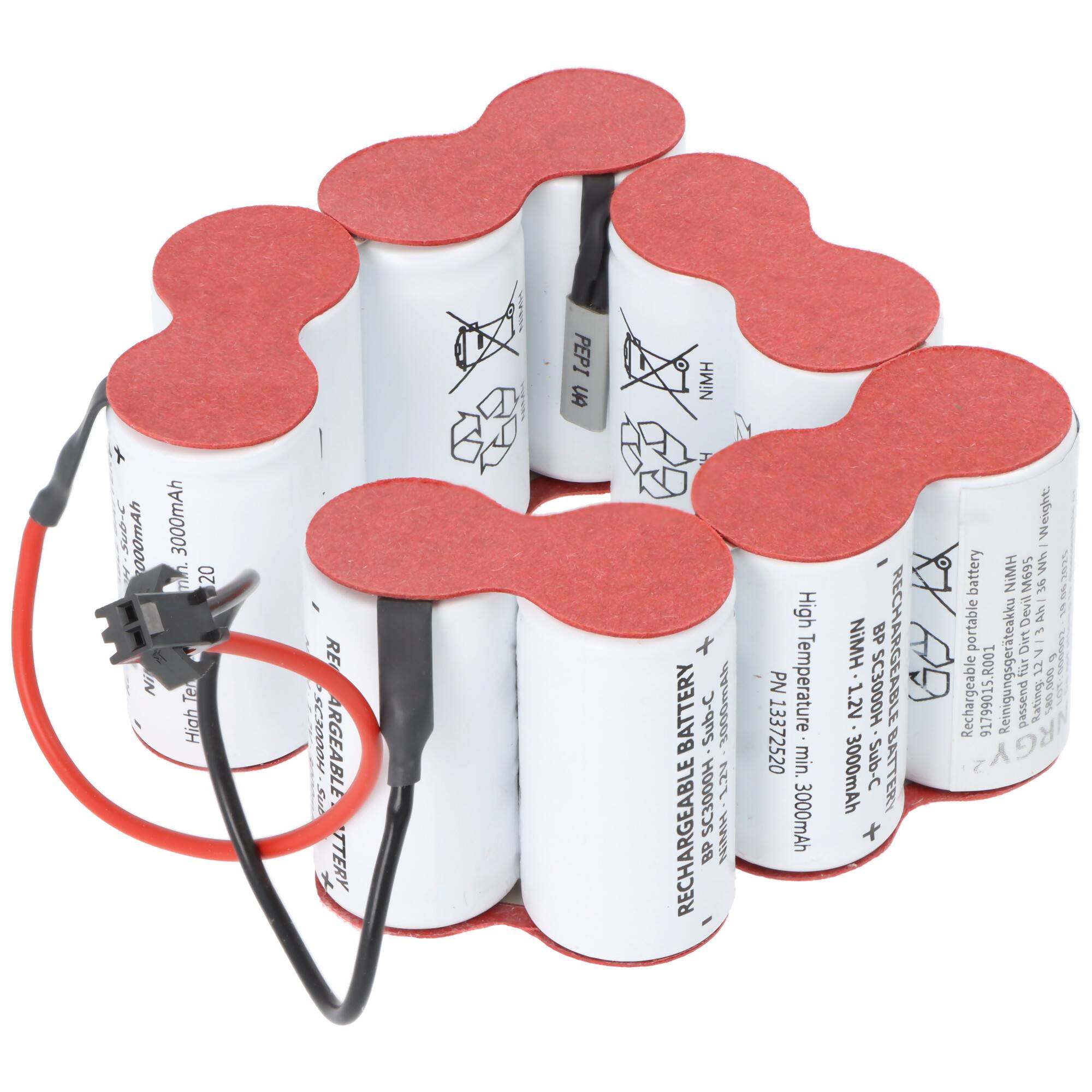 Eine kreisförmige Anordnung von wiederaufladbaren Batteriezellen, die durch Drähte verbunden sind. Beschriftungen auf den Batterien zeigen Spezifikationen und Sicherheitssymbole.