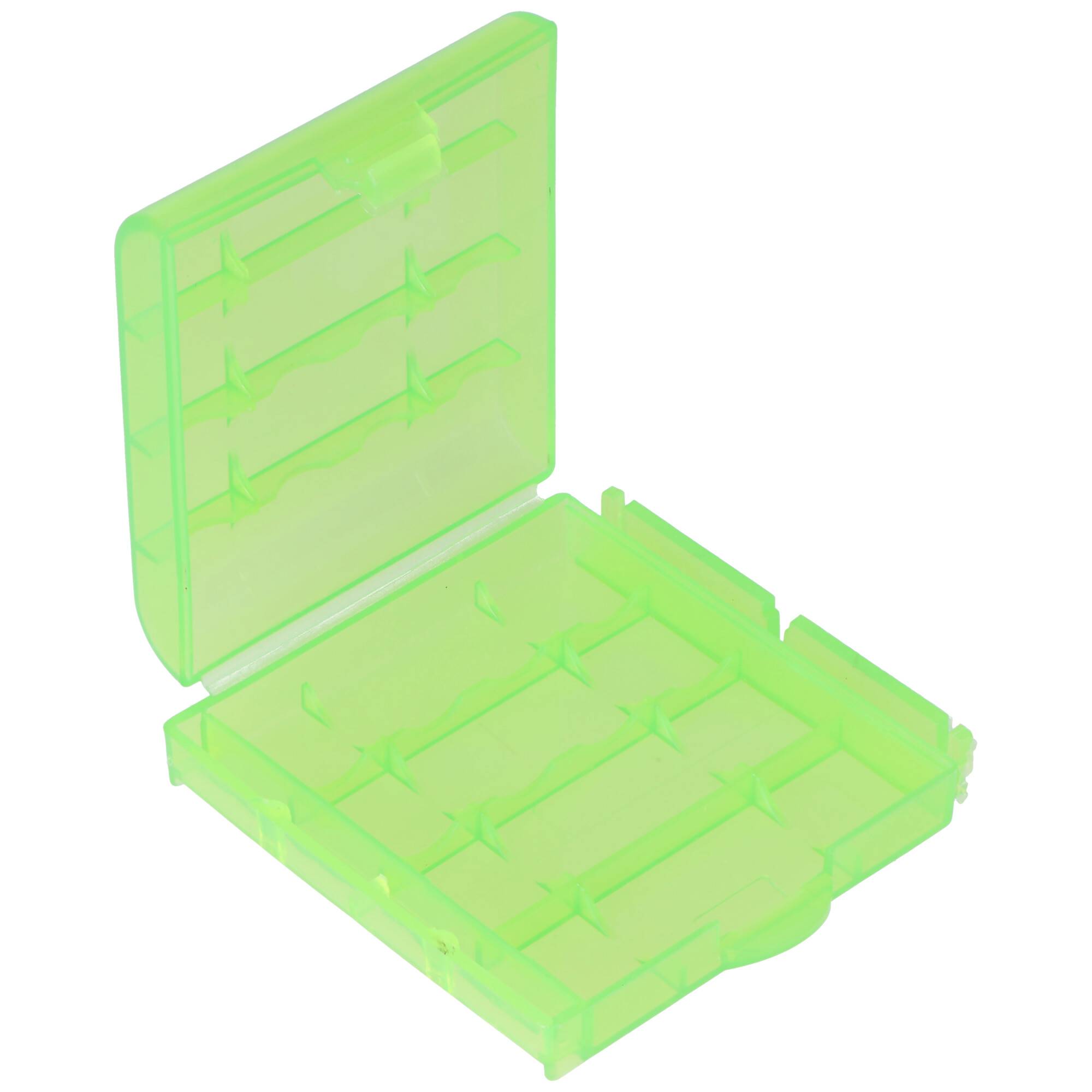 Ein transparentes grünes Kunststoff-Batteriefach ist offen und zeigt Fächer zur Organisation und sicheren Lagerung von Batterien.