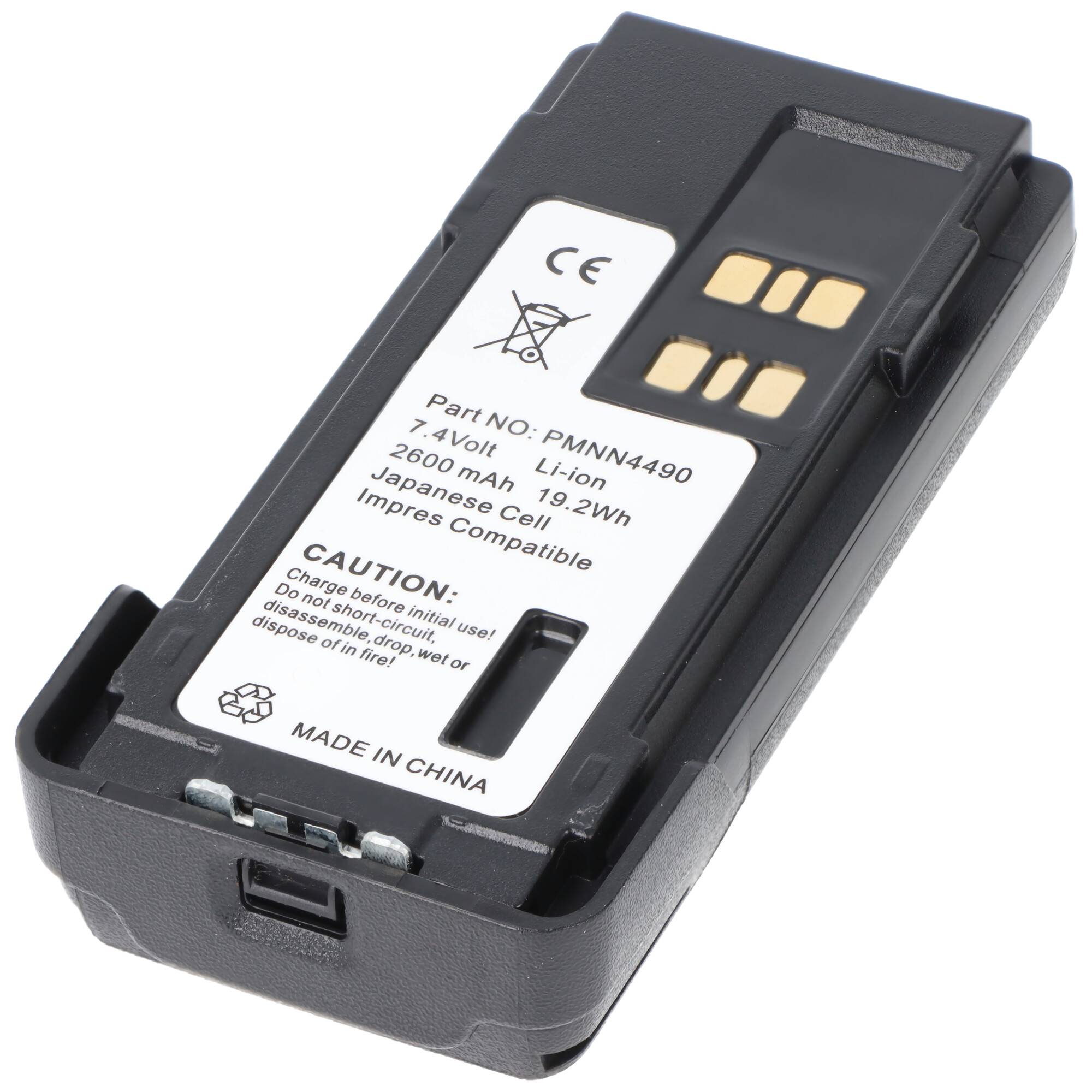 Wiederaufladbare Li-Ionen-Batterie (Teilenummer PMNN4490) mit 2600-mAh-Kapazität, mit vergoldeten Kontakten oben, gekennzeichnet mit „Made in China