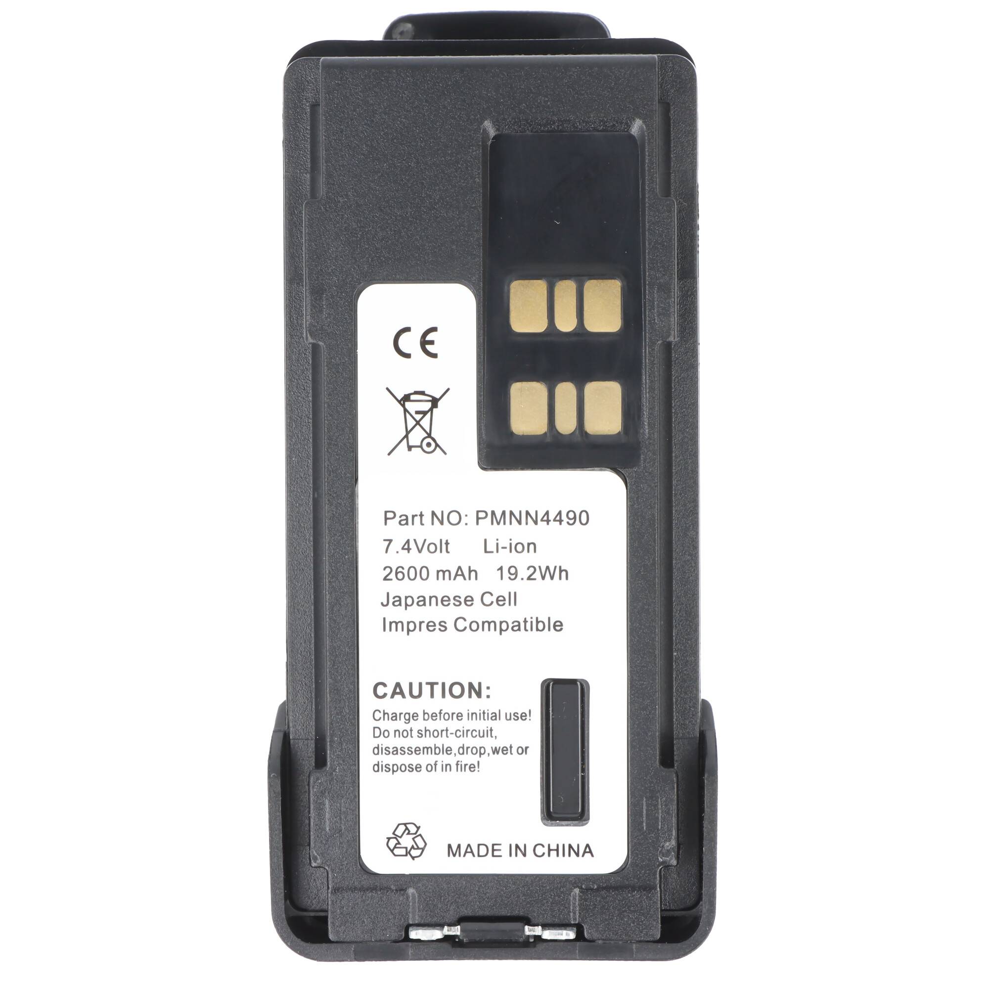 Eine schwarze rechteckige wiederaufladbare Batterie, beschriftet mit „7,4 Volt Li-Ion 2600 mAh, 19,2Wh, Made in China