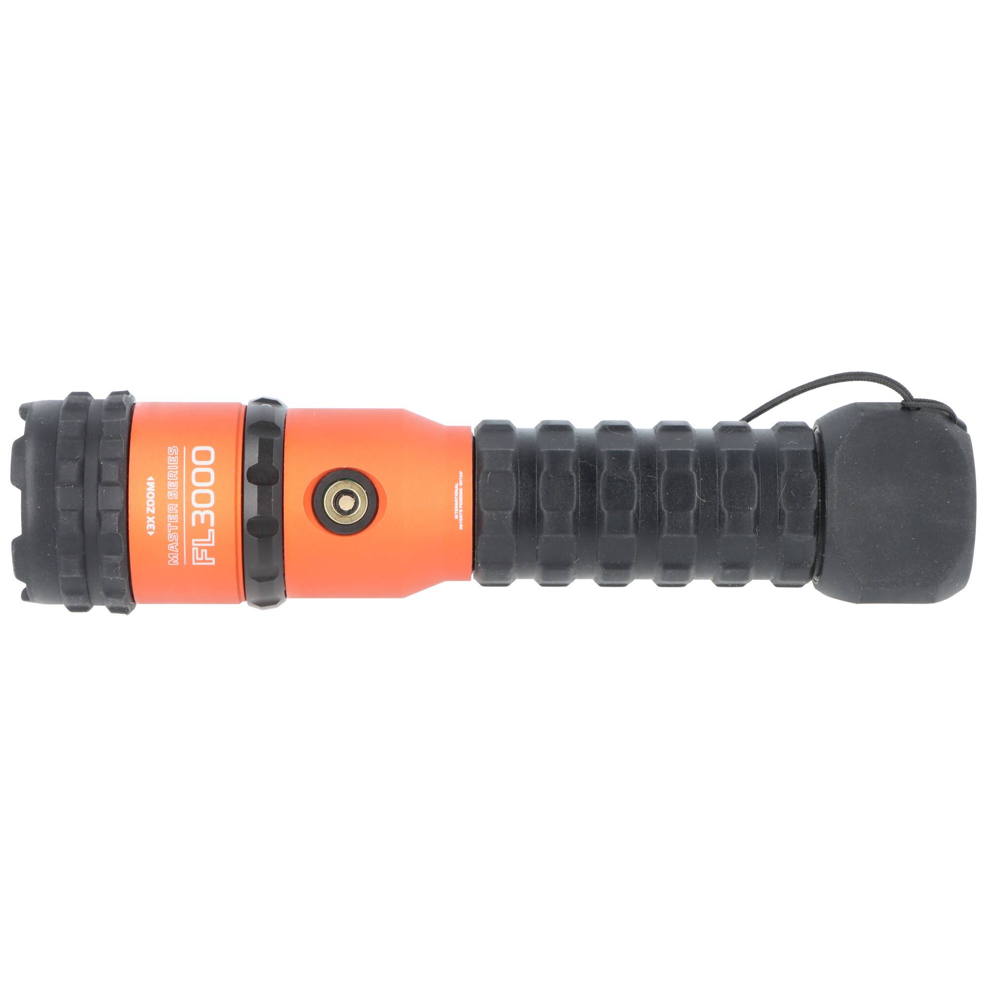 FL3000' Markenname, orange-schwarze Taschenlampe mit robustem Griff, von der Seite betrachtet.