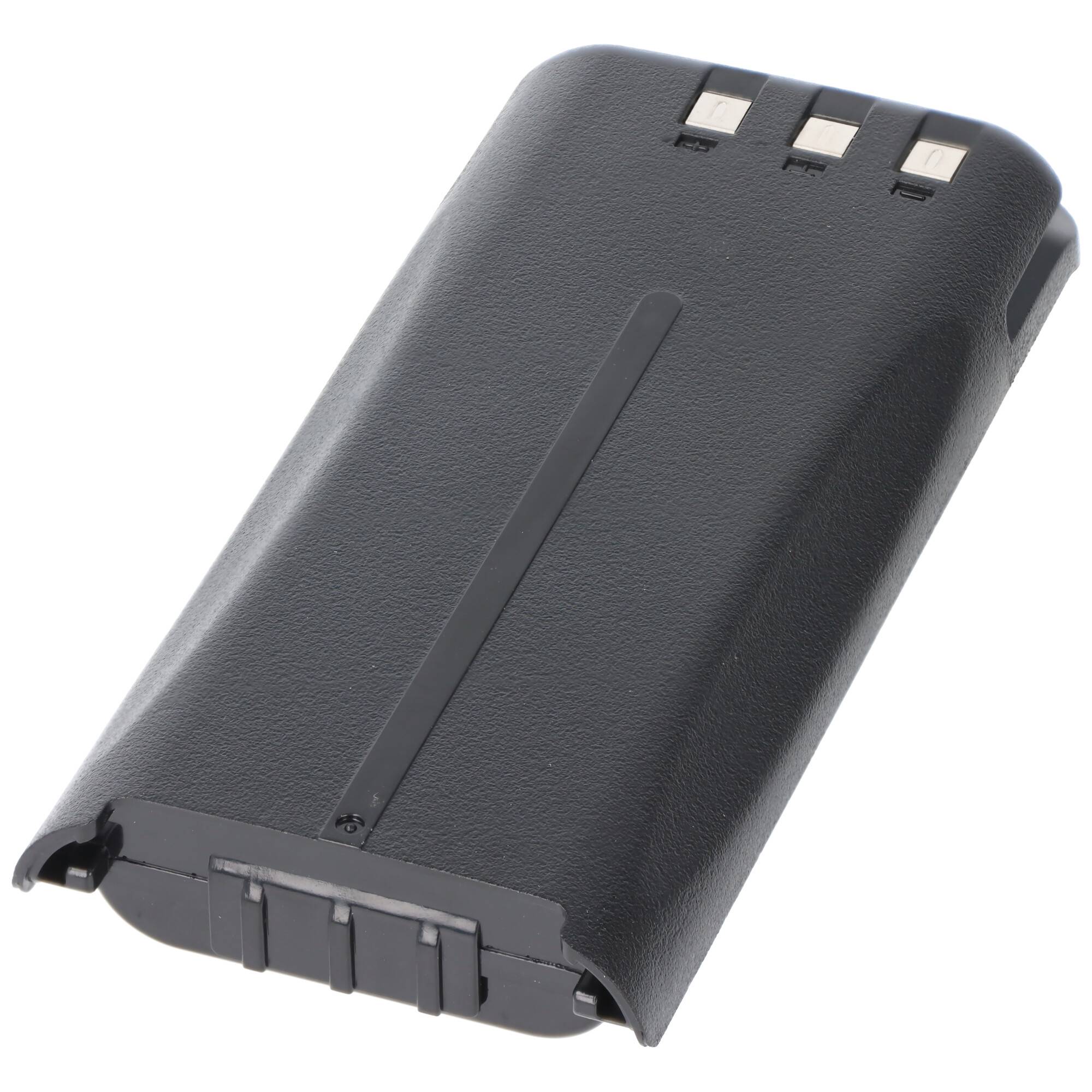 Kompakte schwarze Batterie mit drei Metallkontakten oben für elektronische Geräte.