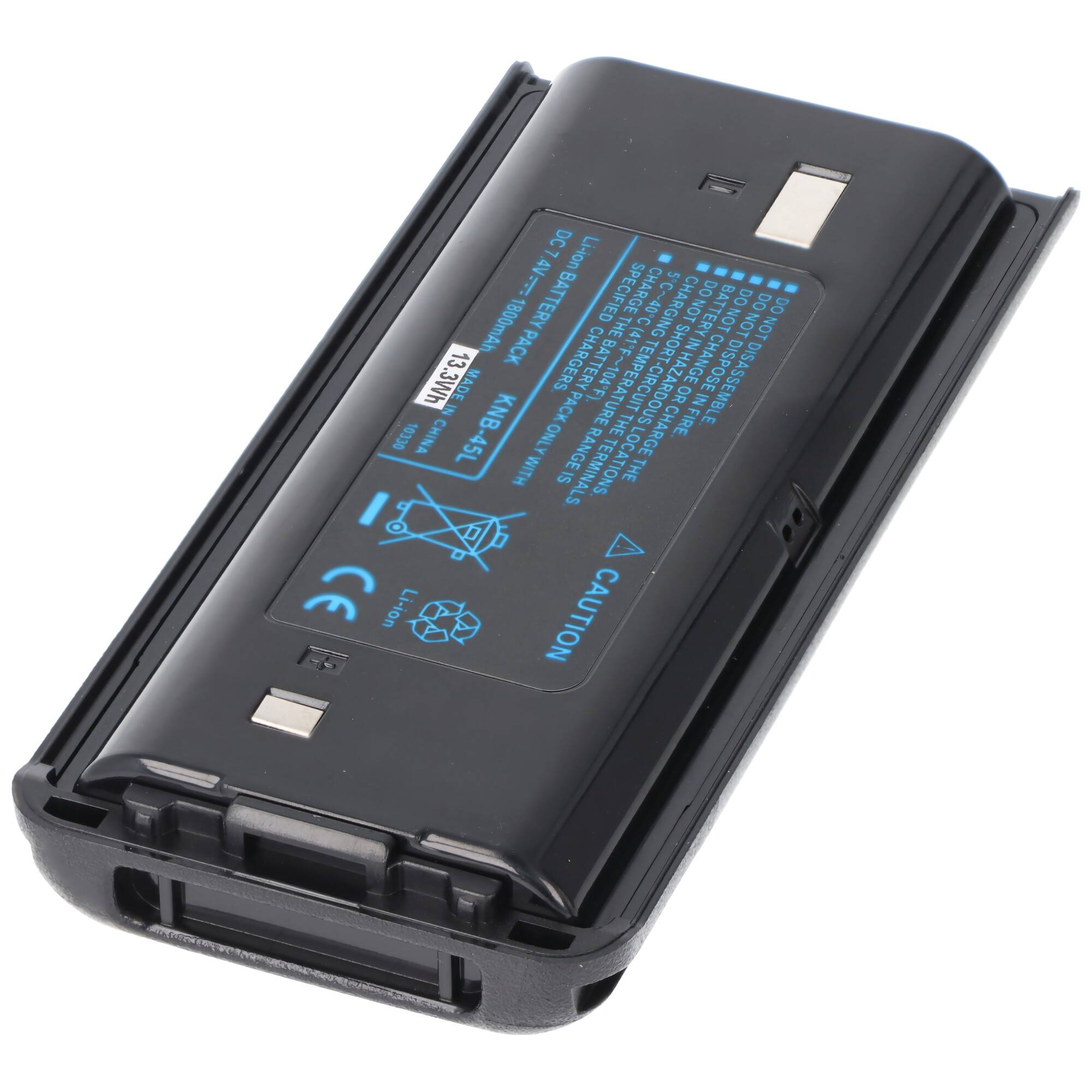 Eine schwarze aufladbare Lithium-Ionen-Batterie mit Sicherheitssymbolen und Handhabungsanweisungen auf einem blauen Etikett gedruckt.