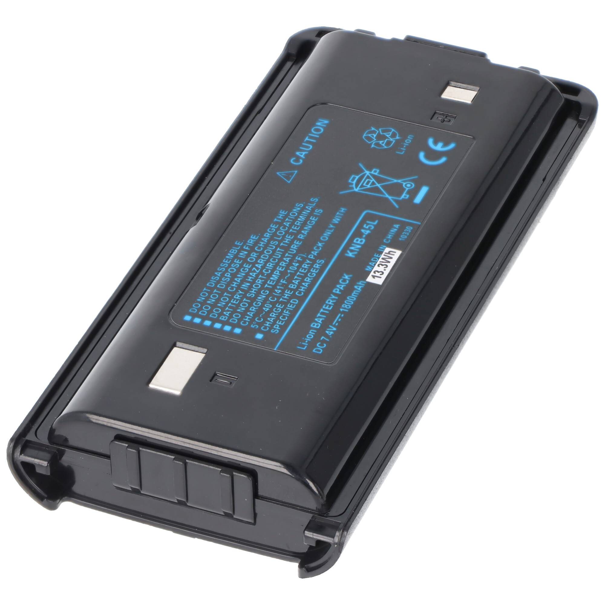 Eine schwarze, rechteckige Lithium-Ionen-Batterie mit Warnschild, die zum Betreiben elektronischer Geräte verwendet wird und Spannungs- und Kapazitätsdetails zeigt.