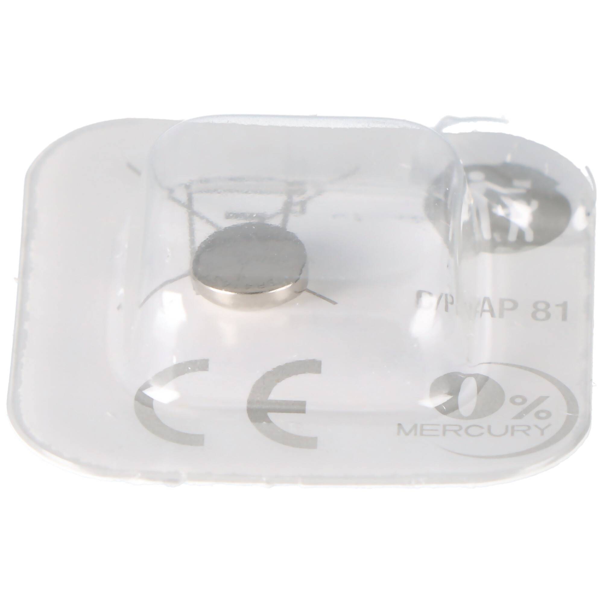 Eine kleine Knopfzellenbatterie in durchsichtiger Kunststoffverpackung mit der Aufschrift „0% Quecksilber