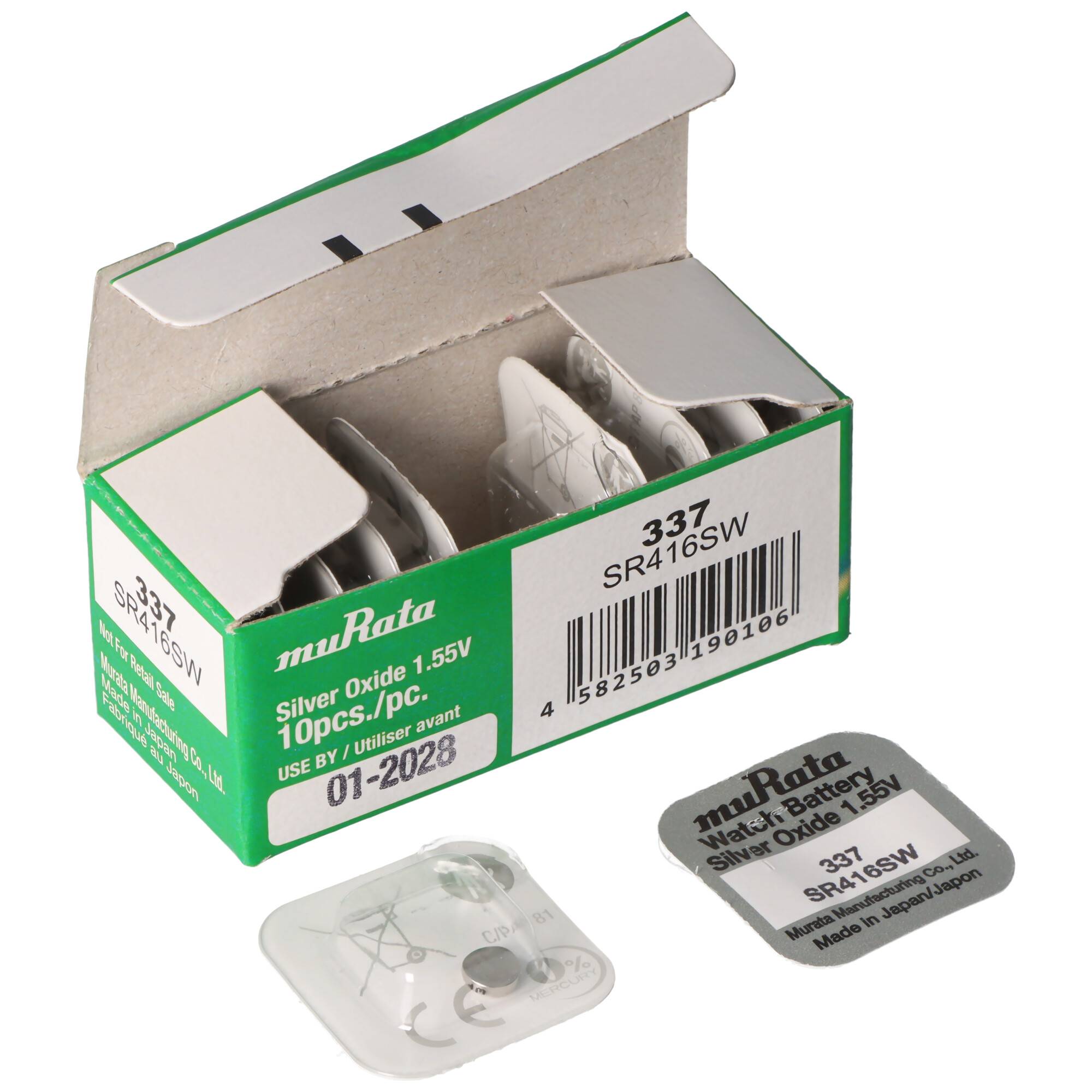 Eine grüne und weiße Schachtel mit 10 Murata-Silberoxidbatterien mit der Bezeichnung 