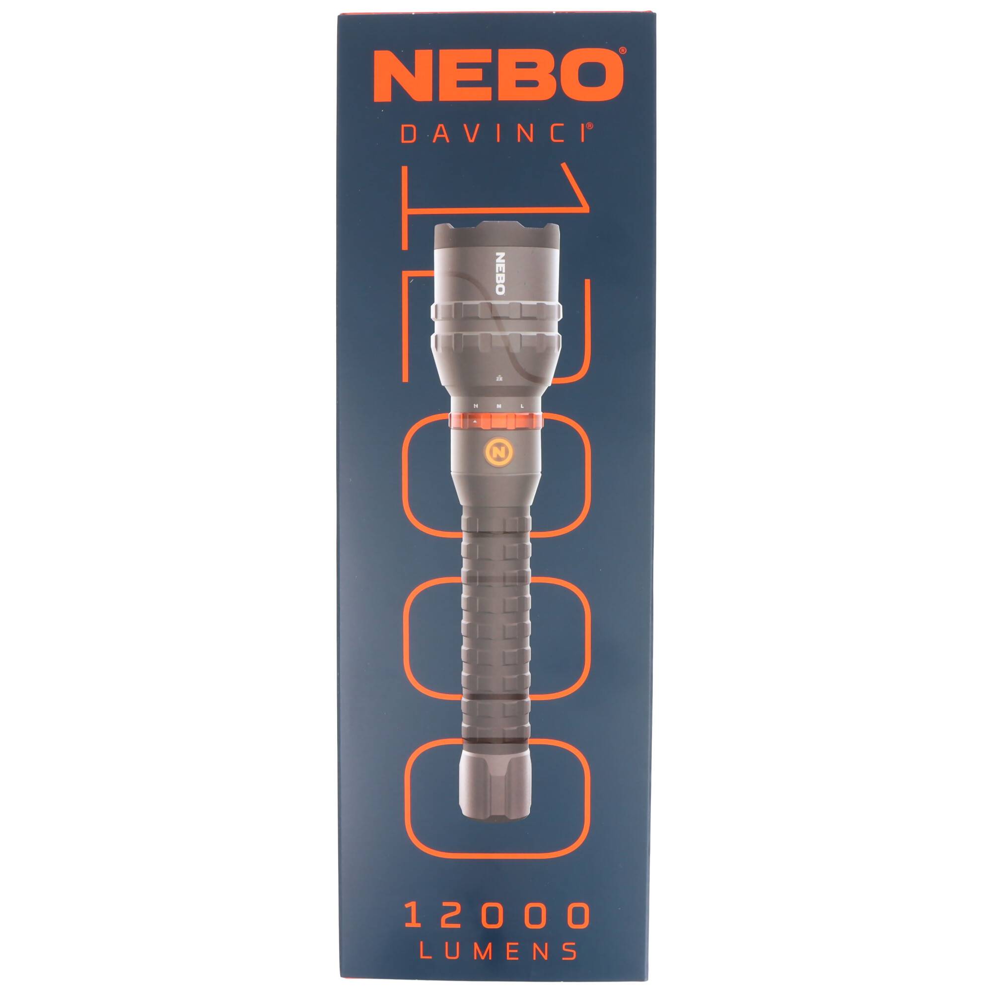 NEBO DAVINCI 12000 Lumen' Taschenlampe in Verpackung, mit Betonung auf hohe Helligkeit und Fokus auf Produktdesign und Branding.