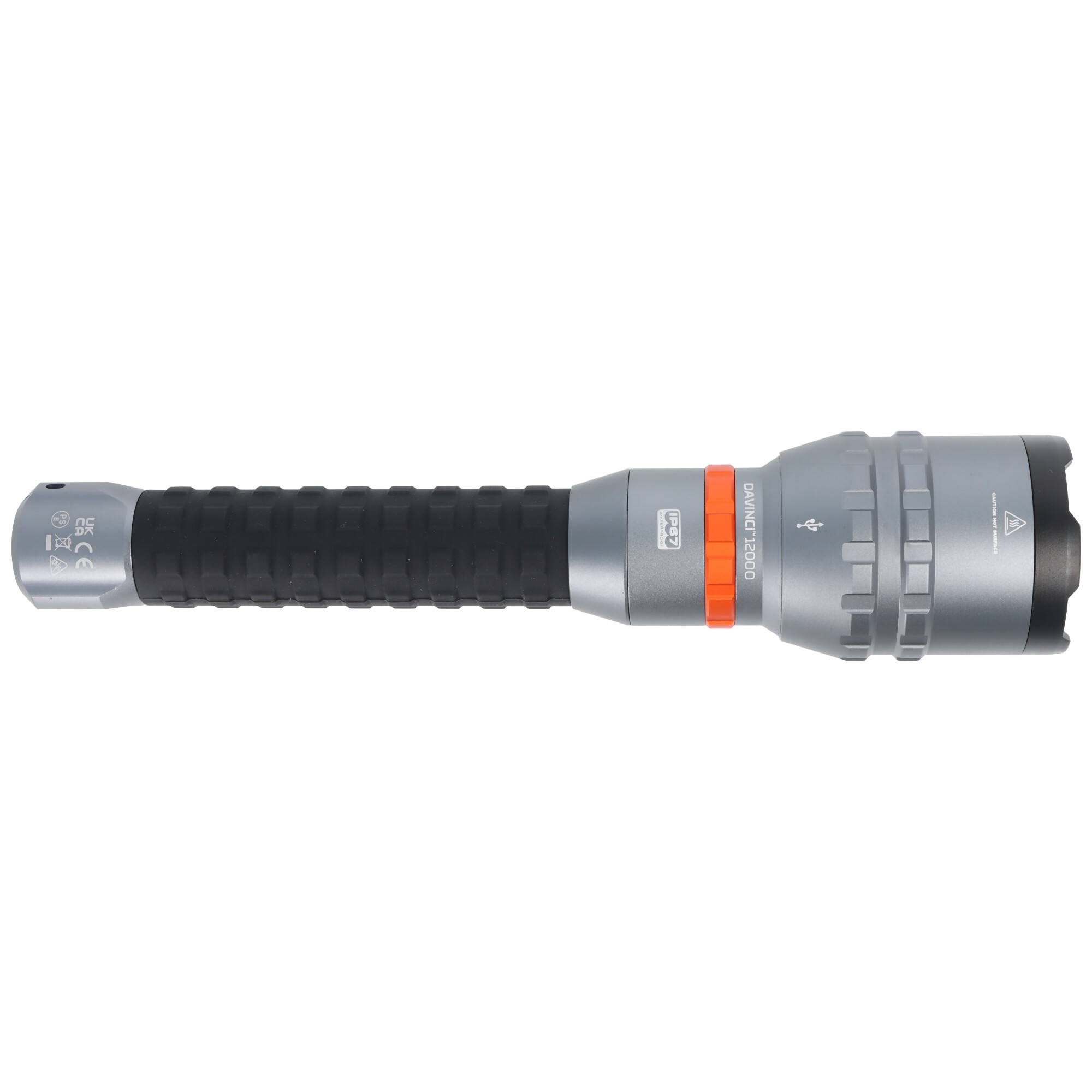 Eine silberne Taschenlampe mit schwarzem Griff und orangefarbenem Ring, mit verstellbarem Fokus und robustem Design, liegt horizontal.