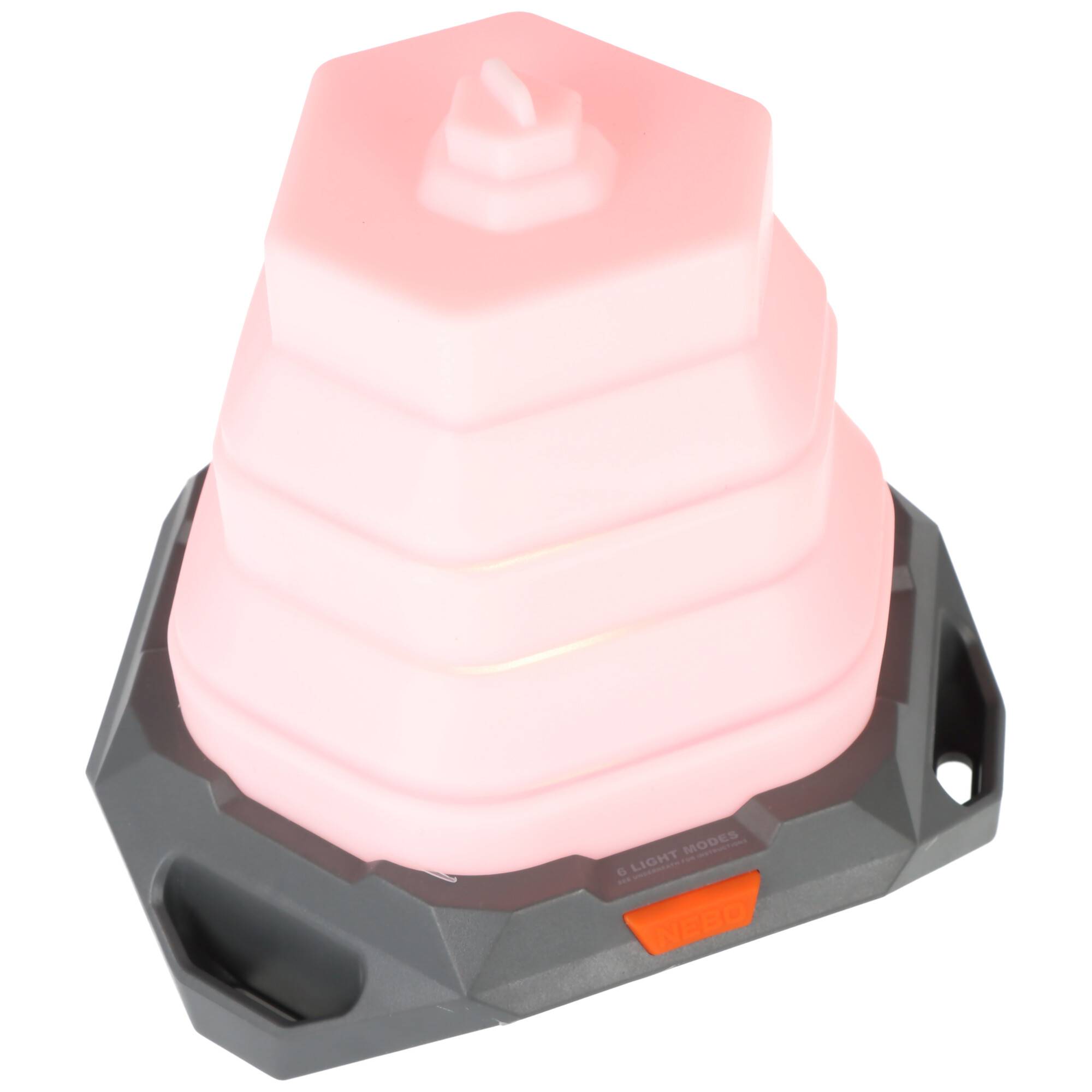 Ein rosa, sechseckiges, stapelbares Licht mit schwarzer Basis, das zur Signalisierung oder Beleuchtung verwendet wird.