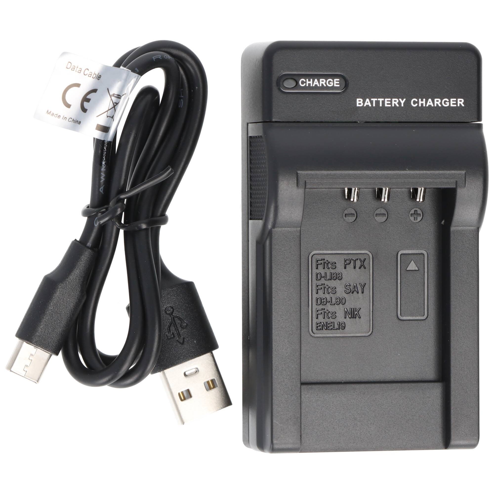 Ein Batterieladegerät mit USB-Kabel, das mit mehreren Kameramodellen kompatibel ist, wird angezeigt. Beschriftungen geben den Ladestatus und unterstützte Modelle an.