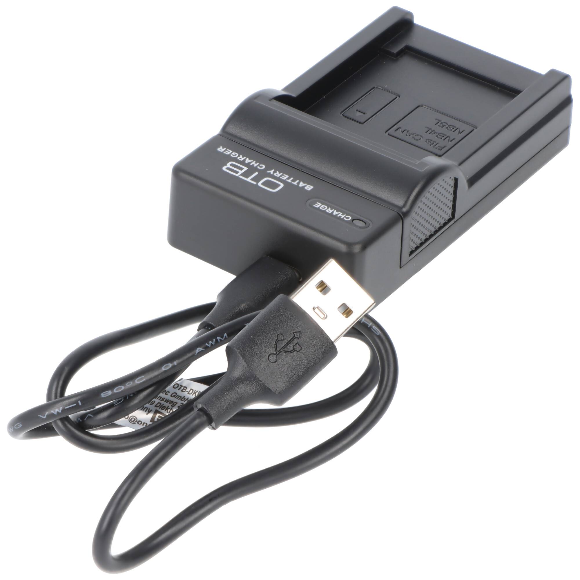 Ein schwarzes USB-Batterieladegerät mit angebrachtem Kabel, mit der Bezeichnung 