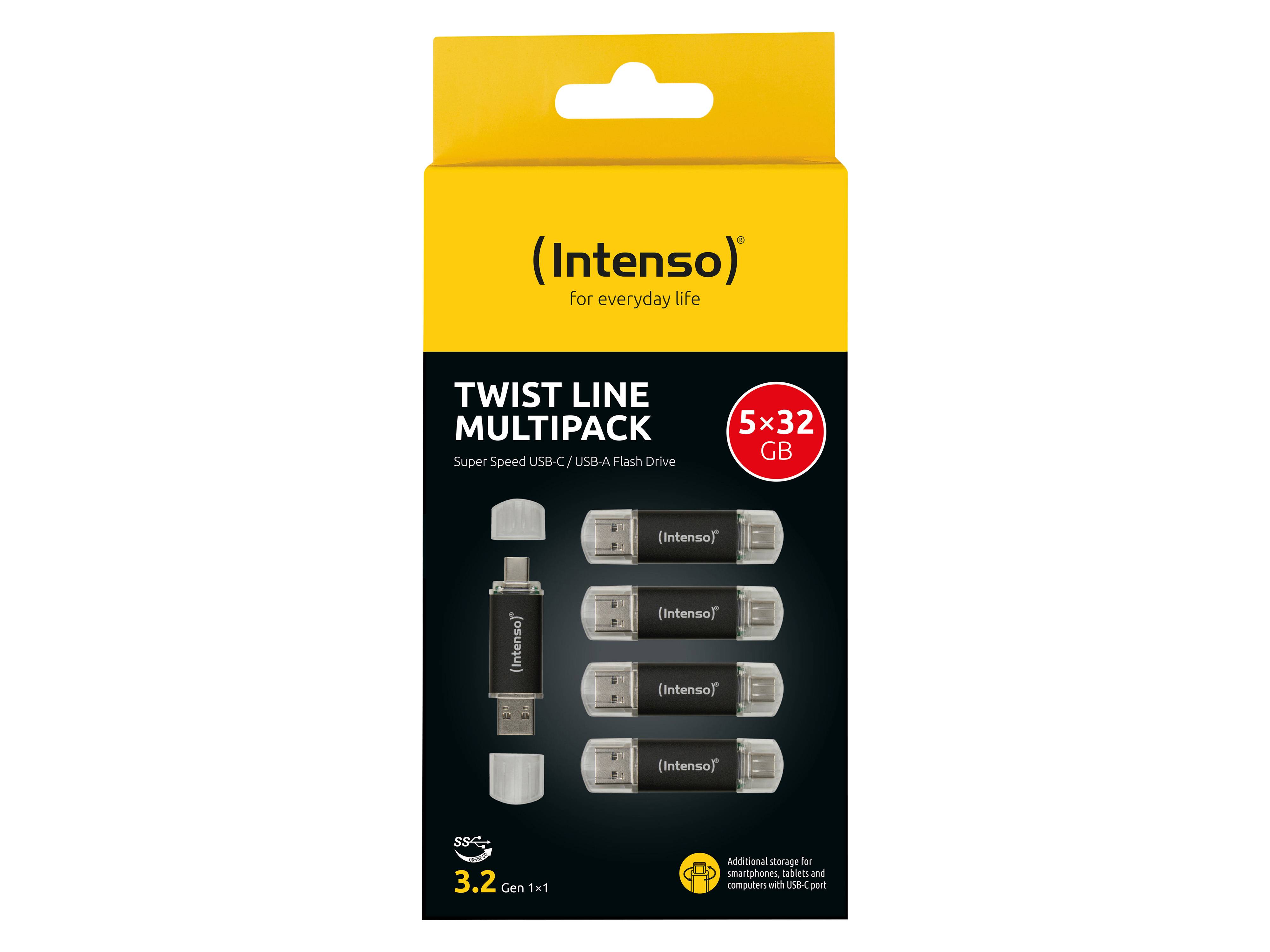 Ein Multipack mit fünf Intenso USB-Sticks, je 32GB, mit Drehverschluss-Design, verpackt in einer gelben Schachtel mit der Aufschrift „Twist Line Multipack