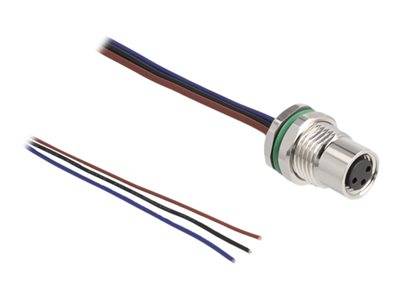 Ein zylindrisches Metallobjekt mit drei farbigen Drähten, die von einem Ende ausgehen: rot, schwarz und blau, wahrscheinlich ein elektronisches Bauteil.