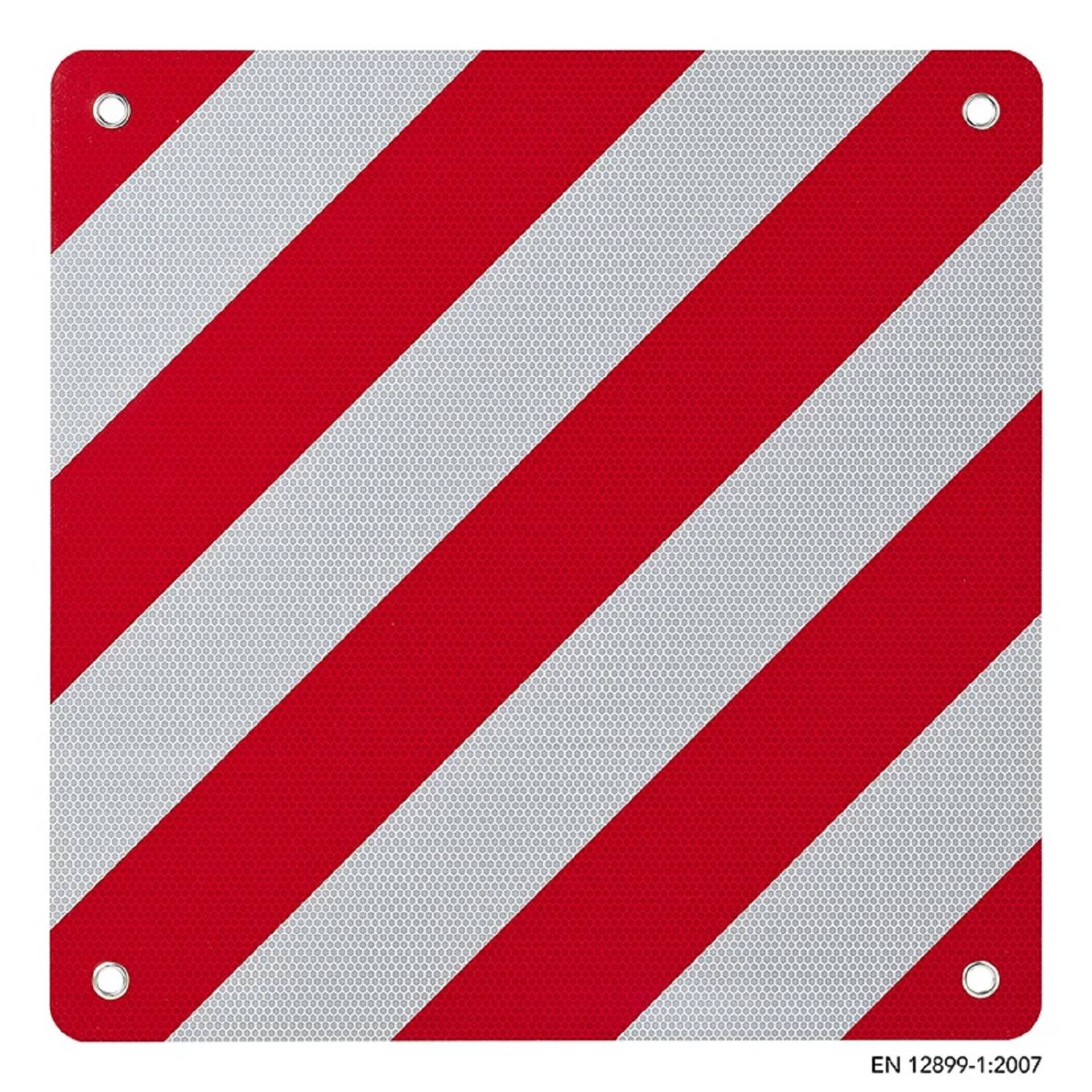 Warnschild mit diagonalen roten und weißen Streifen, das eine Gefahr oder Vorsicht gemäß EN 12899-1:2007 Standard anzeigt.