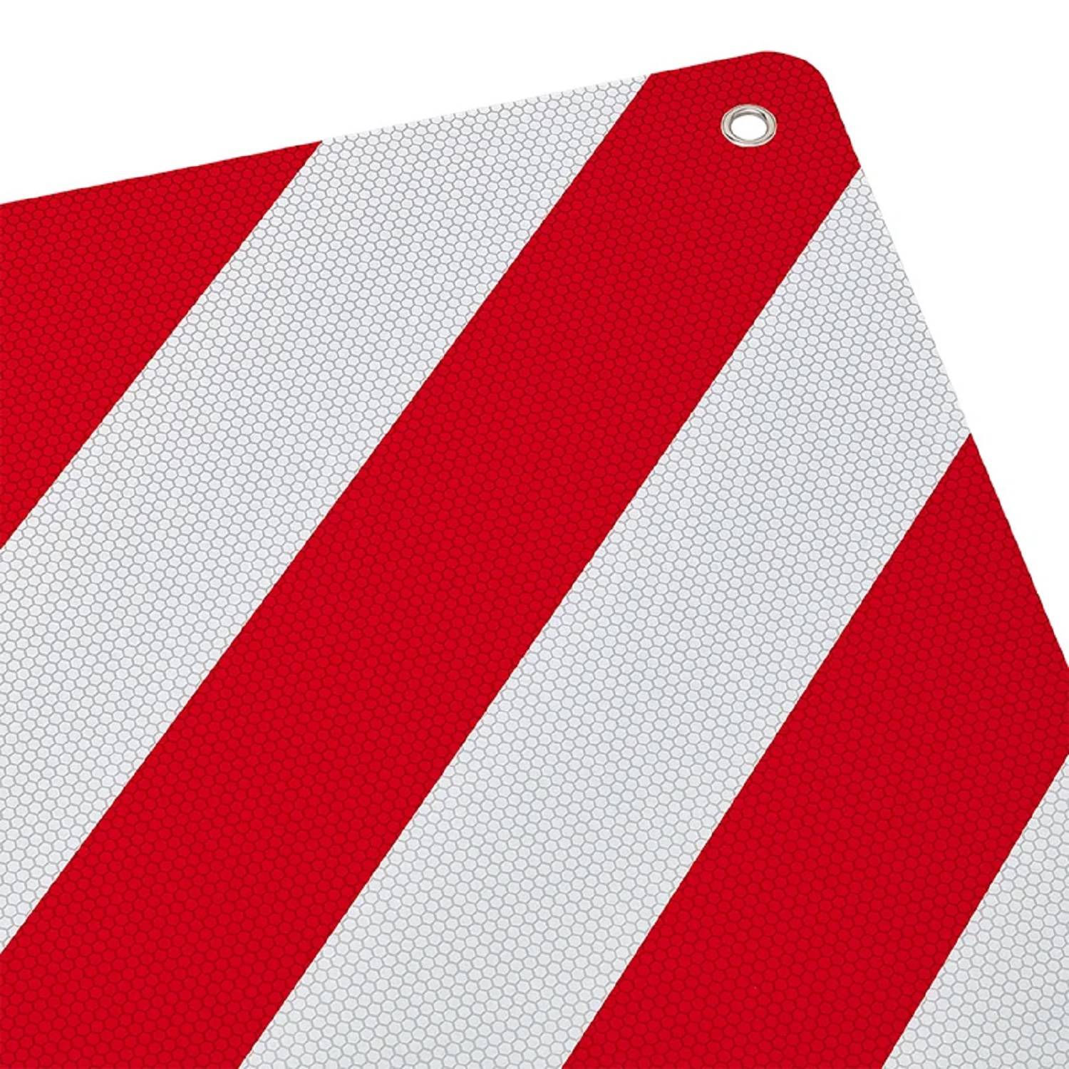 Rot-weiß diagonal gestreiftes Warn- oder Gefahrenzeichen mit einem Loch in einer Ecke, das zu Sicherheits- oder Vorsichtszwecken verwendet wird.