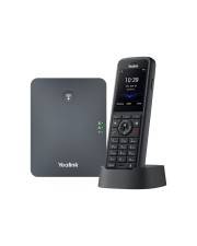Ein schwarzes schnurloses Telefon mit einer Ladestation wird neben einem flachen schwarzen Hörergerät angezeigt. Das Telefondisplay zeigt „10:39