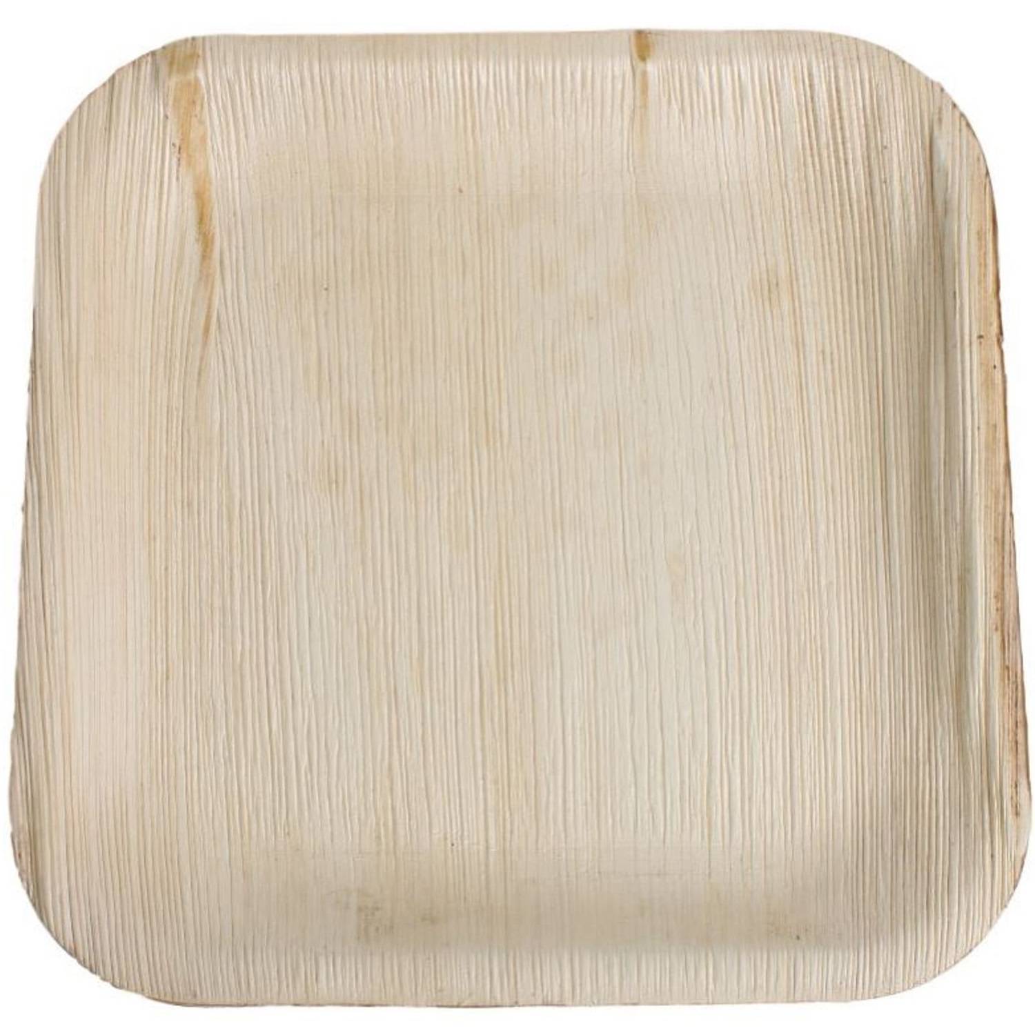 Ein quadratischer, umweltfreundlicher Teller aus strukturiertem Palmblatt mit leicht abgerundeten Kanten, geeignet zum Servieren von Speisen, vor weißem Hintergrund.