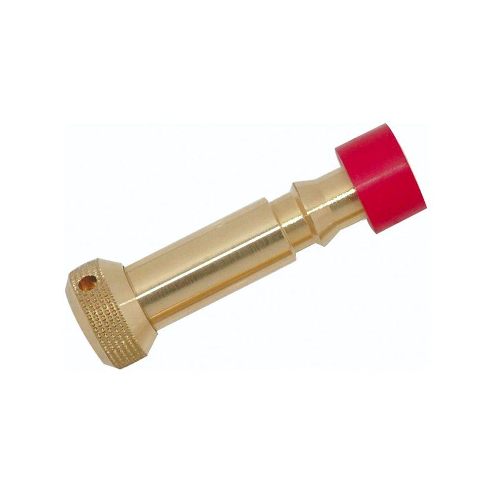 Eine Messingkupplung mit einer roten Kappe, die zum Verbinden von Schläuchen oder Rohren in Sanitär- oder Bewässerungssystemen konzipiert ist.