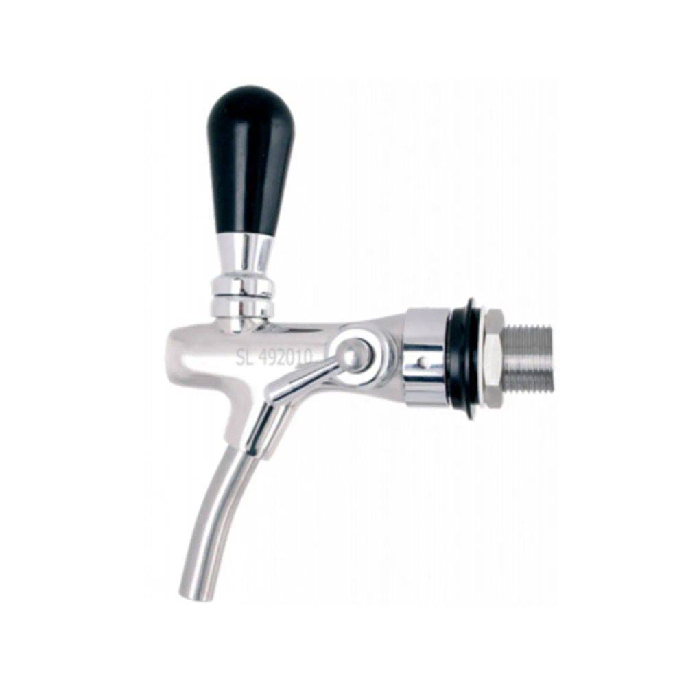 Ein Metall-Bierhahn mit schwarzem Griff, entworfen zum Ausschenken von Getränken.