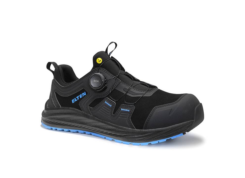 Ein schwarz-blaues Sportschuh mit einem BOA-Schnürungssystem und dem Wort „ELTEN