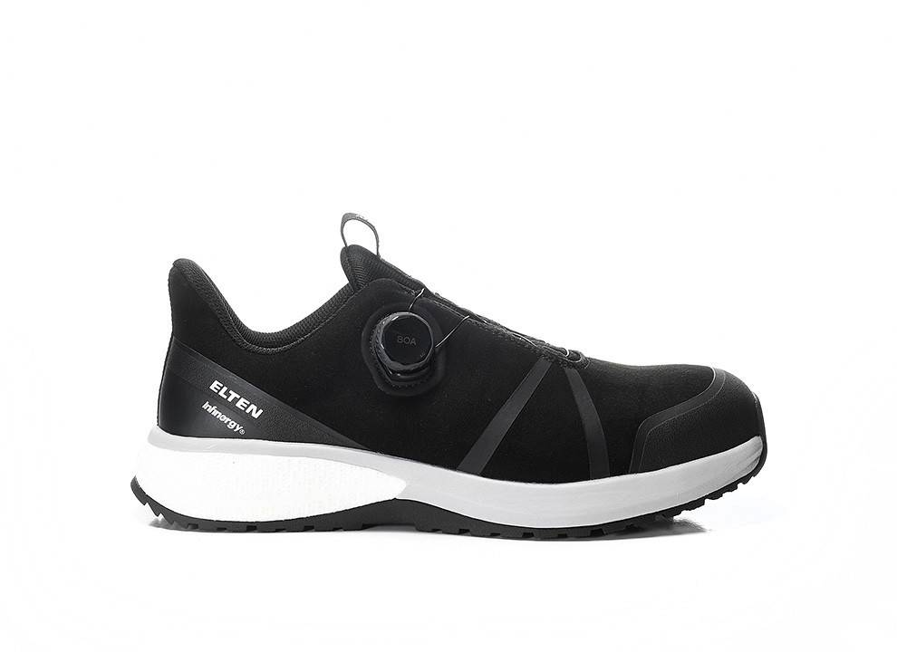 Ein schwarzer Sportschuh mit weißer Sohle und Einstellrad. Der Markenname „ELTEN" ist auf der Seite sichtbar.