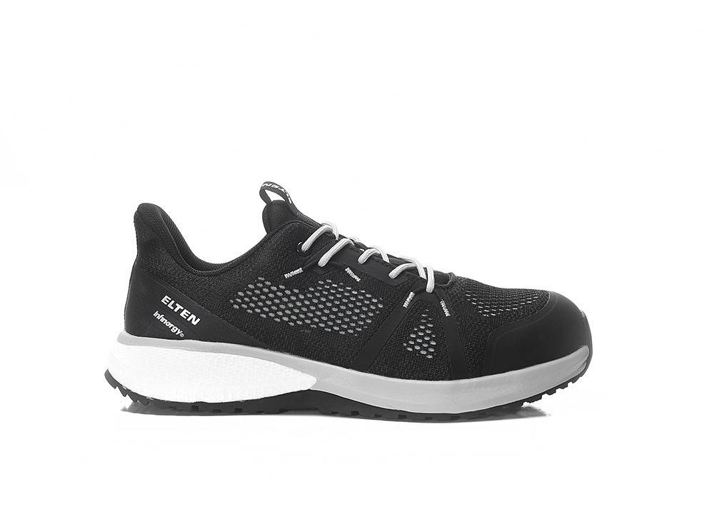 Ein schwarz-weißer Sportschuh mit Mesh-Details, mit gepolsterter Sohle und Schnürverschluss für Halt und Komfort.