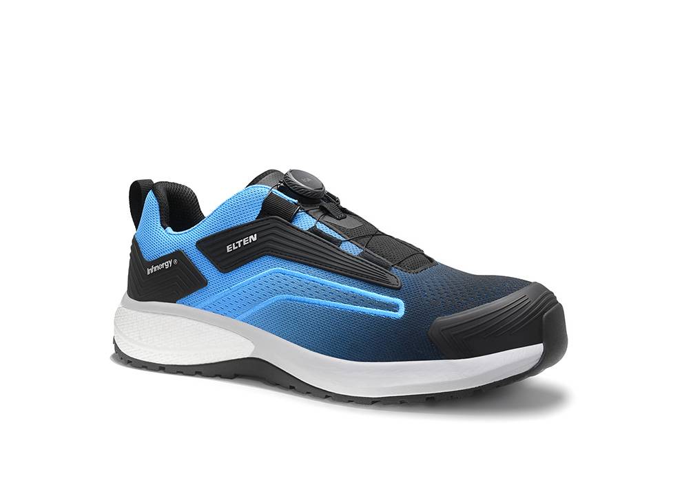 Ein blauer und schwarzer Sportschuh mit einer weißen Sohle, ausgestattet mit einem Verschlussmechanismus, entwickelt für Leistung und Komfort.