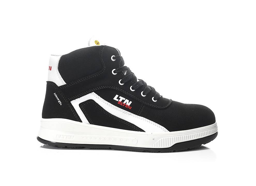 Ein schwarz-weißer Highcut-Sneaker mit der Aufschrift „LTN Flash