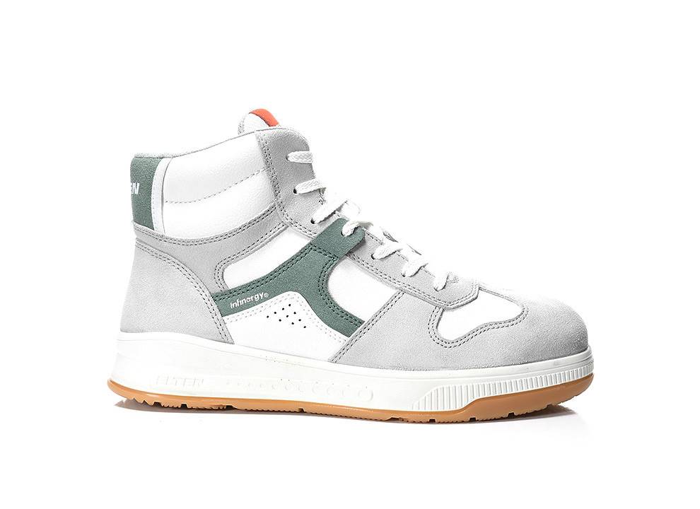 Ein grauer und weißer High-Top-Sneaker mit grünen Akzenten und einer Gummisohle, auf weißem Hintergrund präsentiert.