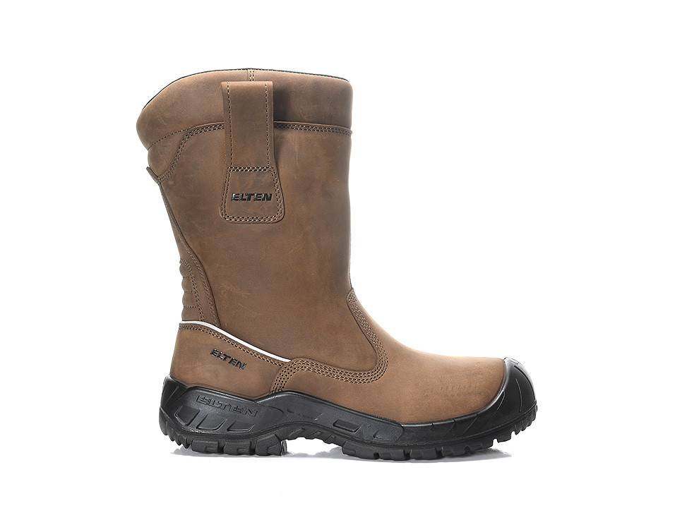 Brauner Lederstiefel mit schwarzer strapazierfähiger Sohle und Elten-Branding in der Nähe des Knöchels.