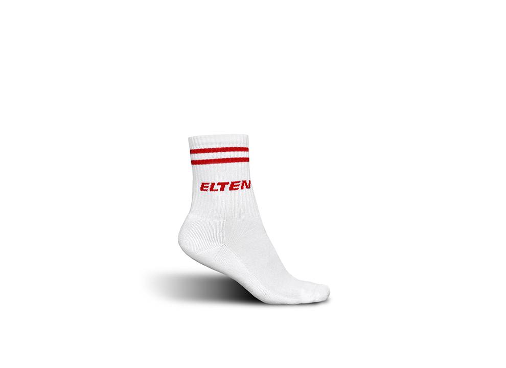 Eine weiße Knöchelsocke mit zwei roten Streifen und dem Wort „ELTEN