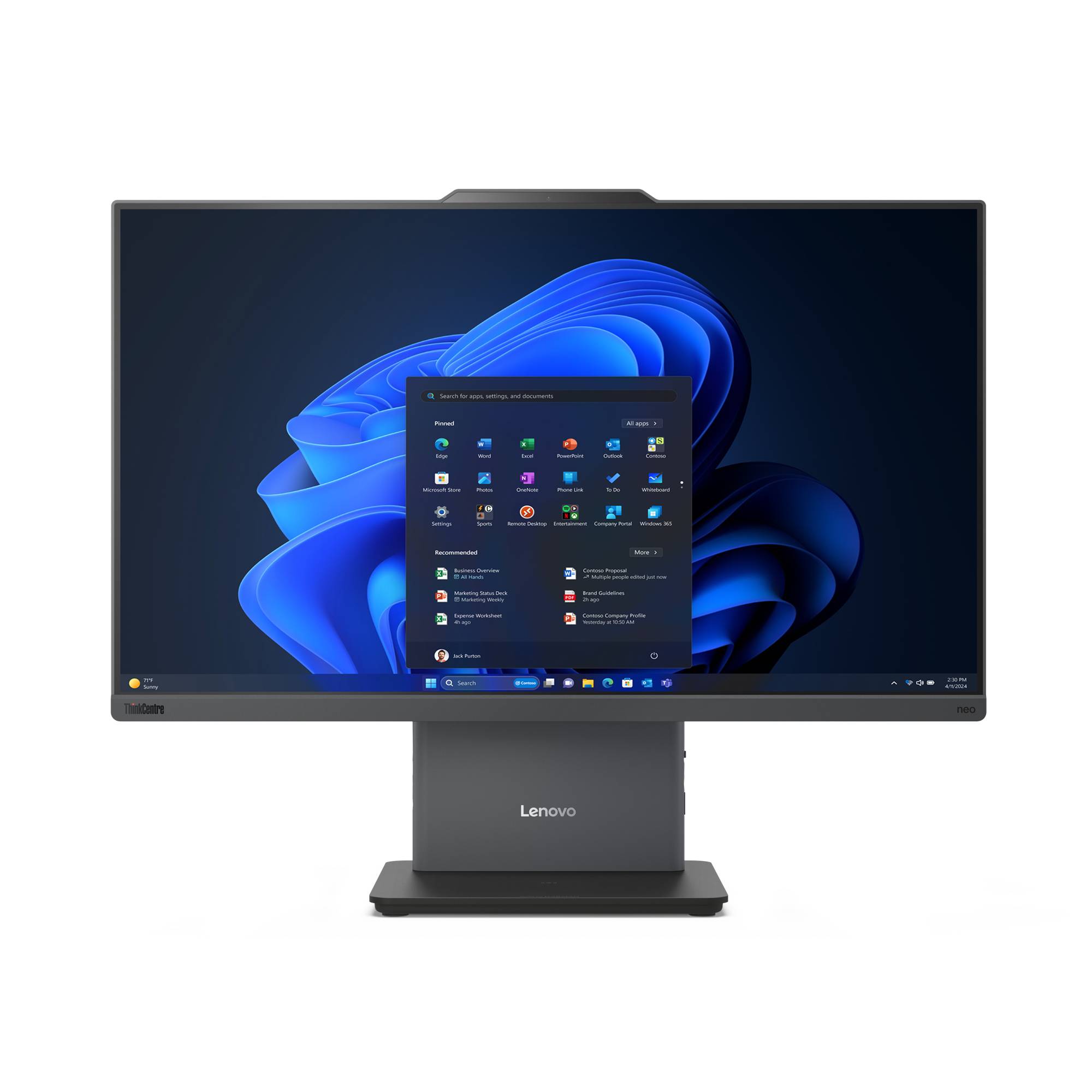 Ein Lenovo-Desktopmonitor zeigt den Windows-11-Desktop mit dem geöffneten Startmenü auf einem blauen abstrakten Hintergrund an.