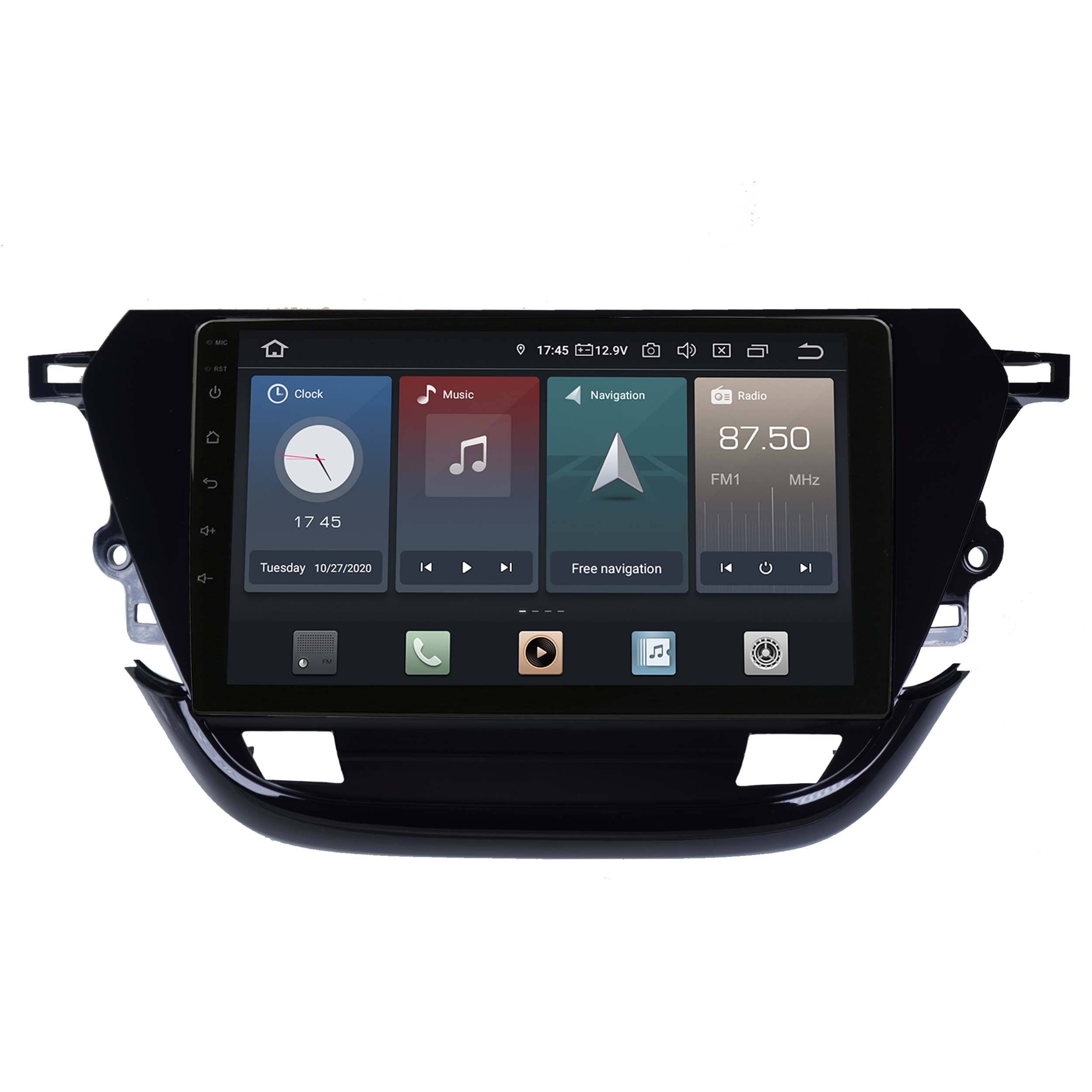 Ein Infotainment-Systemdisplay für Autos zeigt Uhr, Musik, Navigation und Radio-Apps mit Symbolen an. Die Uhrzeit ist 17:45, Datum 19.7.2009.