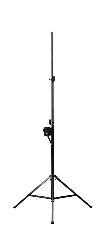 Ein schwarzer verstellbarer Ständer mit einer Mittelsäule und Stützmechanismus, möglicherweise zur Halterung von Ausrüstungen wie Lautsprechern oder Beleuchtung.