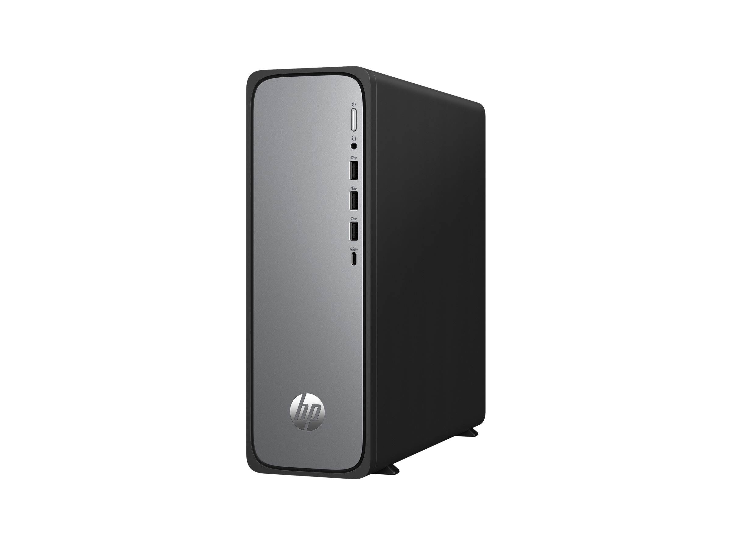 Ein eleganter, schwarzer HP-Desktop-Computer mit silberner Frontblende mit USB- und Kopfhöreranschlüssen.