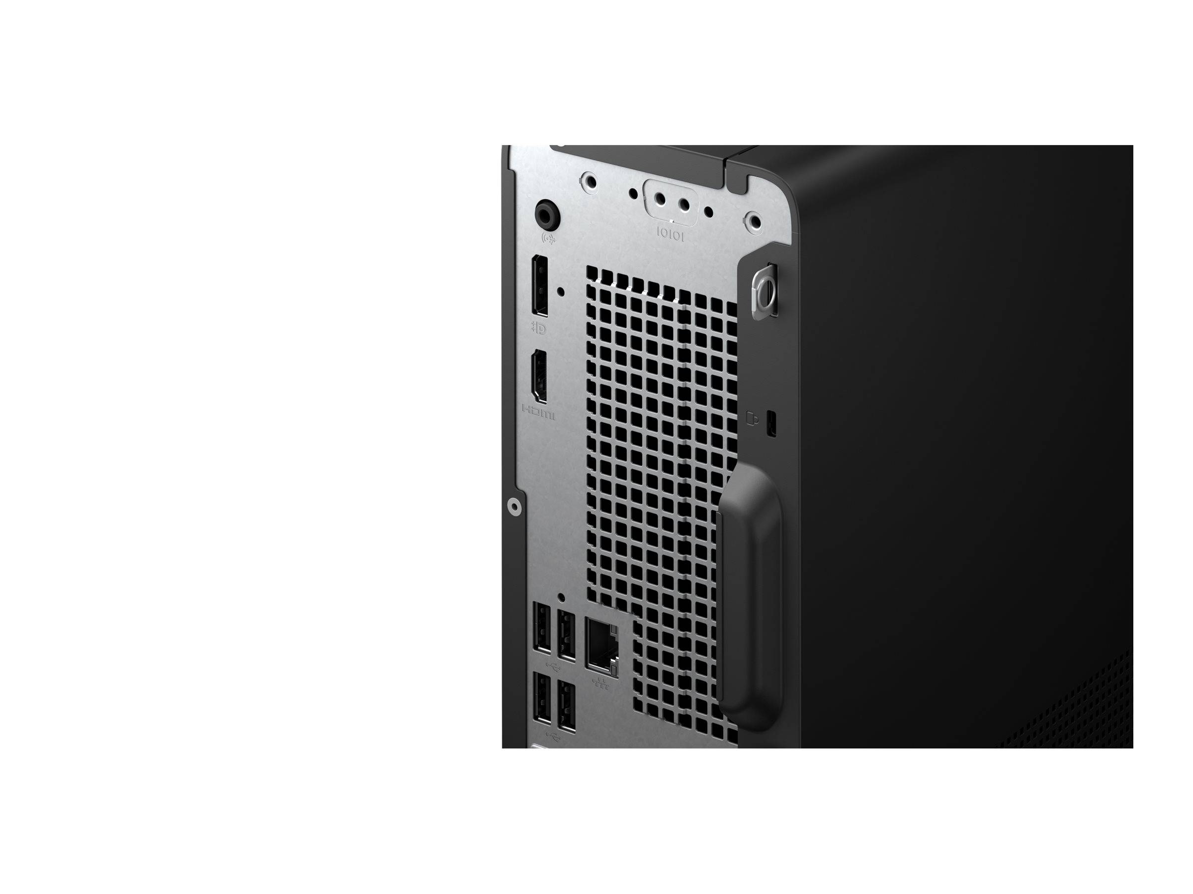 „Nahaufnahme der hinteren Blende eines schwarzen Computer-Towers mit verschiedenen Anschlüssen, darunter HDMI, USB und Stromeingang, vor weißem Hintergrund.