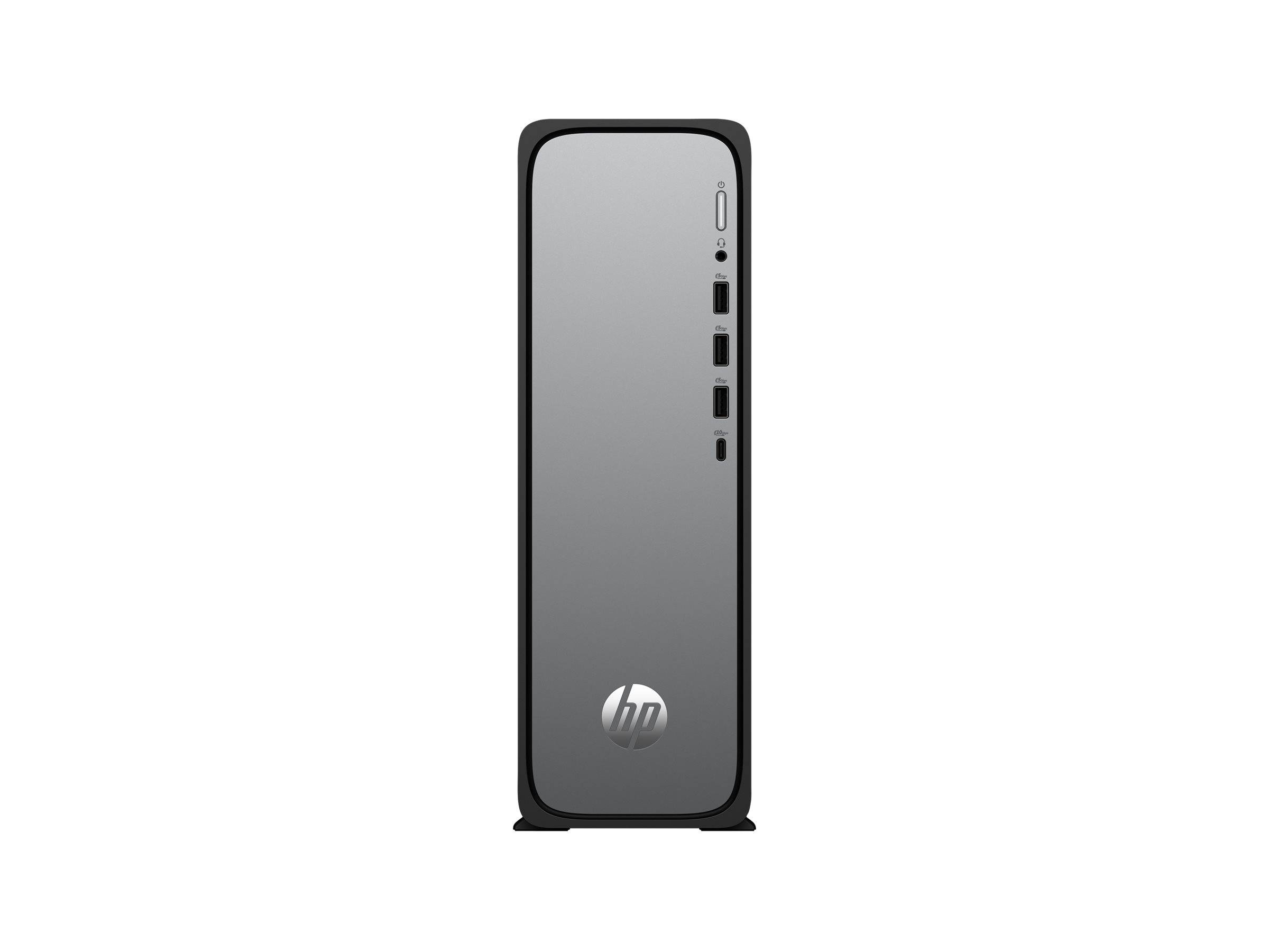 Ein eleganter, moderner Desktop-Tower mit silberner Frontblende, mit Stromschalter, USB-Anschlüssen und einem HP-Logo unten.