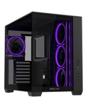 Schwarzes Desktop-PC-Gehäuse mit violetten LED-Kühlungslüftern, die durch ein transparentes Seitenpanel sichtbar sind.