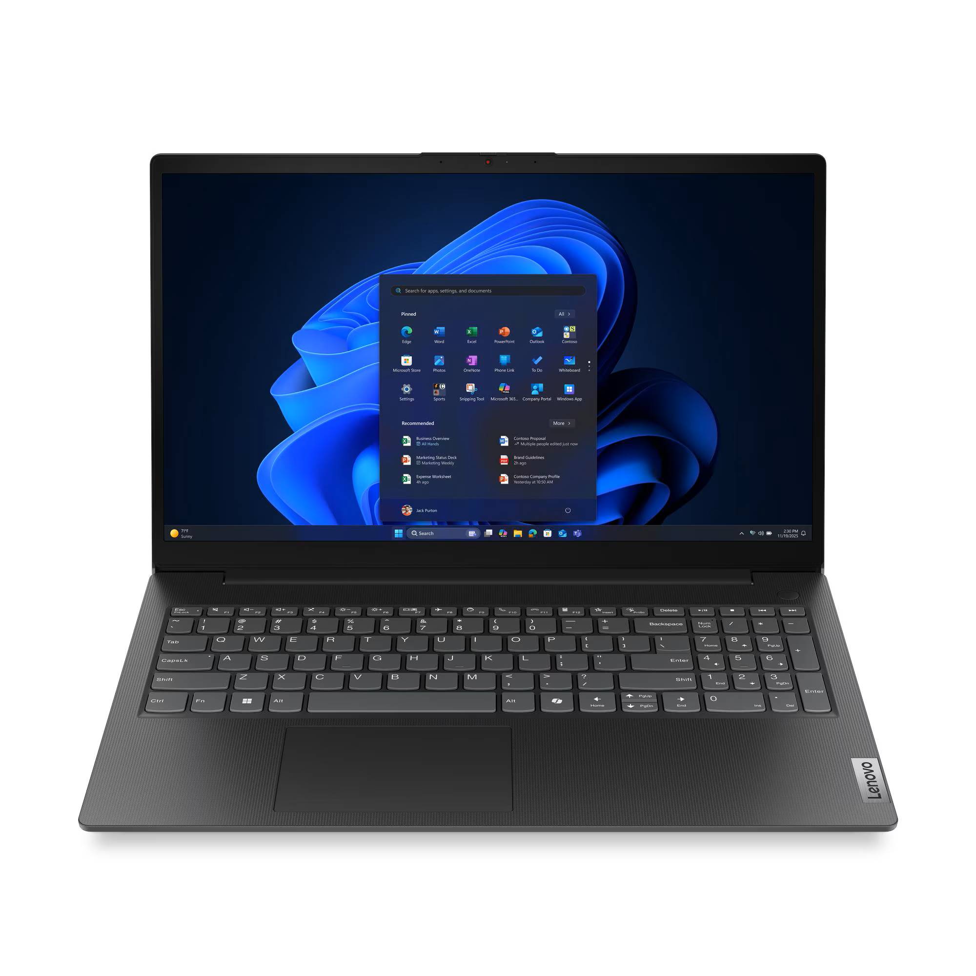 Ein Laptop mit einem blau gestalteten Betriebssystem-Bildschirm mit Symbolen. Das Gerät ist geöffnet und die Tastatur ist sichtbar.