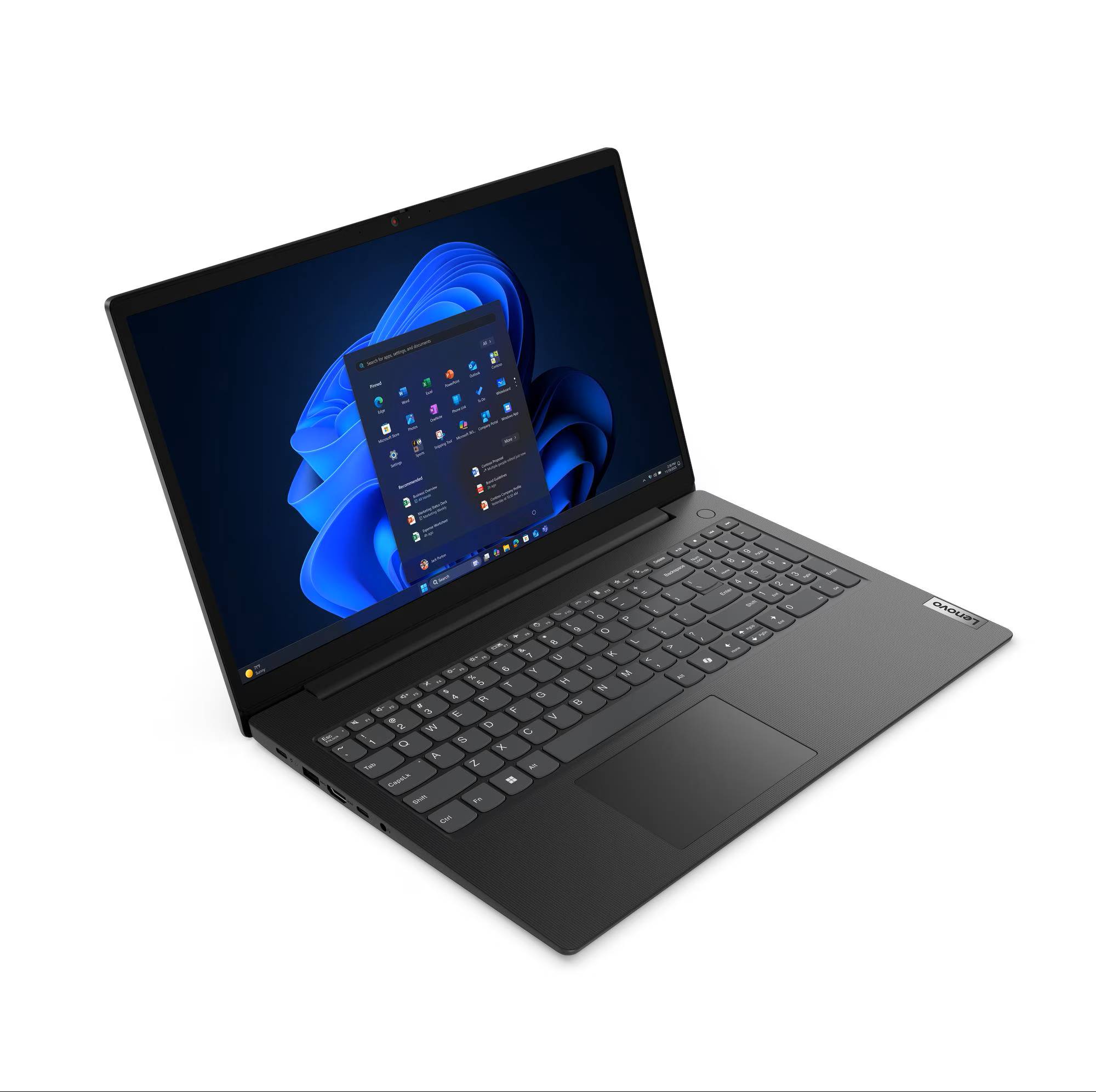 Ein eleganter schwarzer Laptop mit Windows-Schnittstelle, auf dem das Startmenü angezeigt wird, vor einem hellen, weißen Hintergrund.