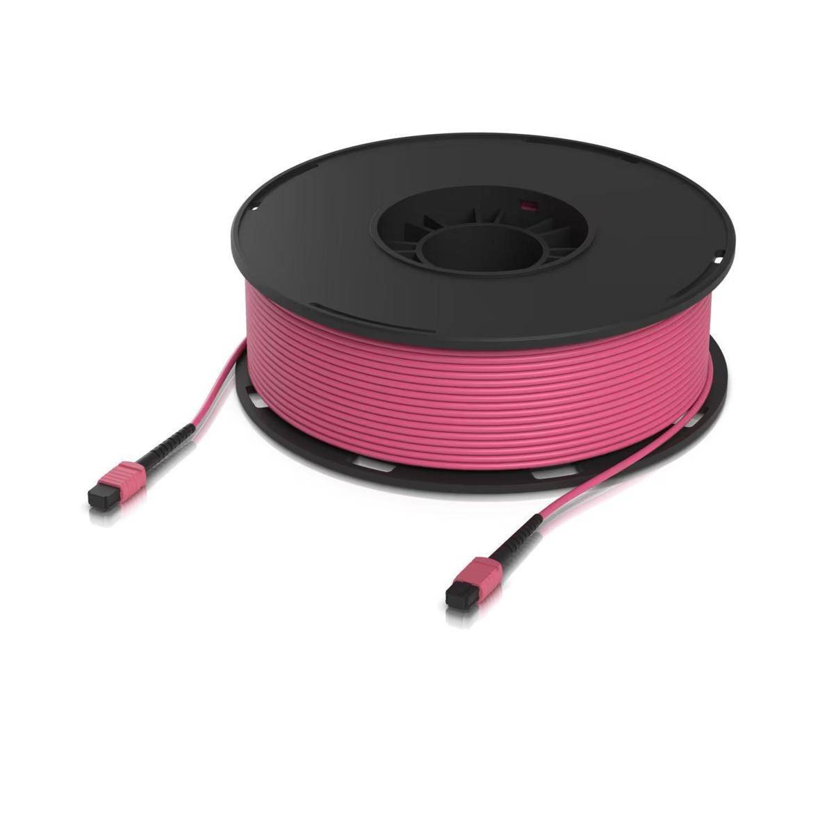 Eine Spule rosa Lichtwellenleiterkabel mit Steckverbindern an beiden Enden, verwendet für Hochgeschwindigkeitsdatenübertragung und Netzwerkanwendungen.